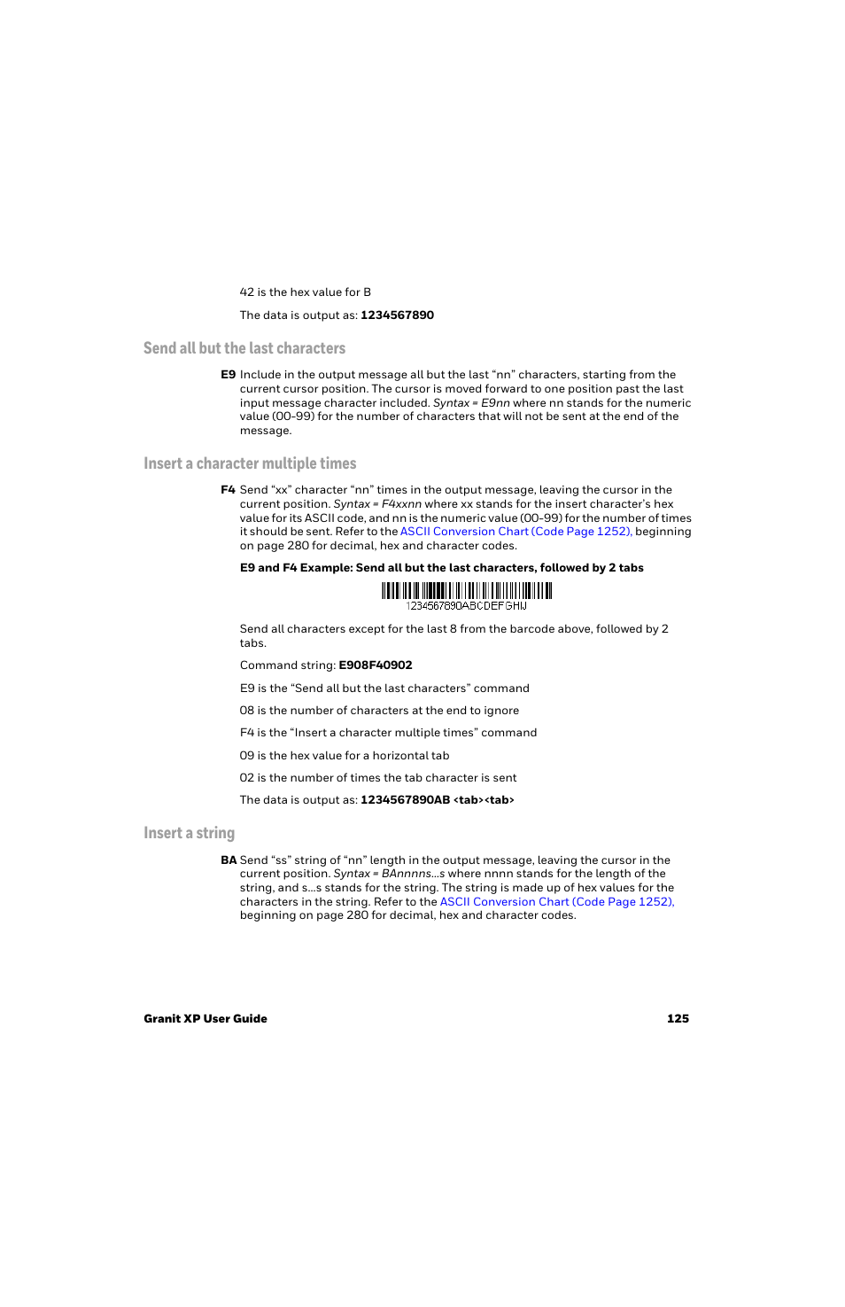 Send all but the last characters, Insert a character multiple times, Insert a string | Honeywell Granit 1991iSR Ultra-Rugged Standard-Range Barcode Scanner User Manual | Page 141 / 308