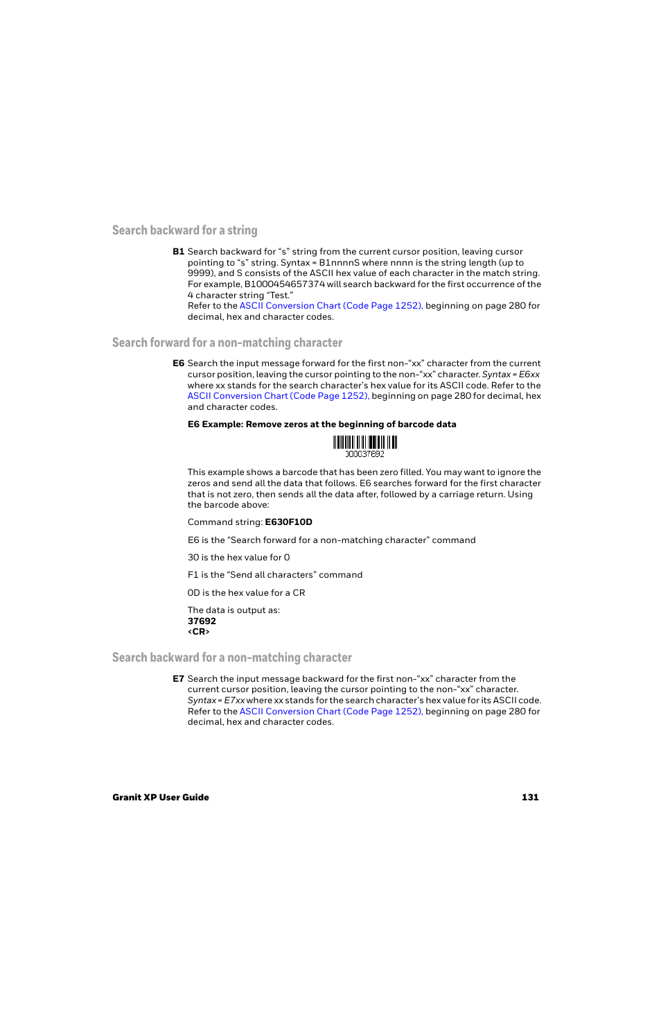 Search backward for a string, Search forward for a non-matching character, Search backward for a non-matching character | Honeywell Granit 1991iSR Ultra-Rugged Standard-Range Barcode Scanner User Manual | Page 147 / 308