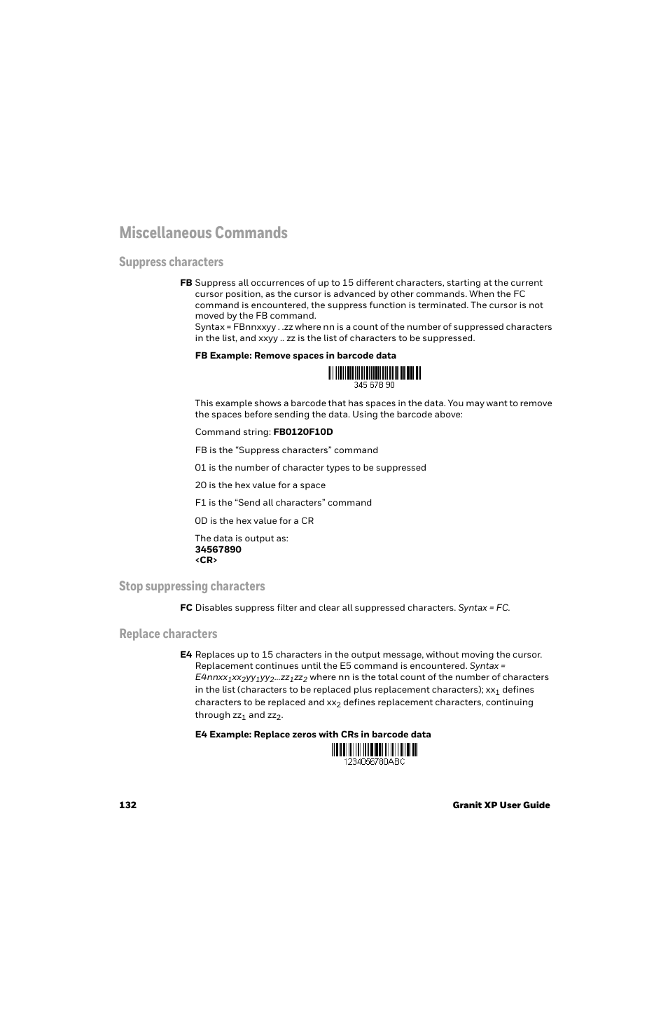 Miscellaneous commands, Suppress characters, Stop suppressing characters | Replace characters | Honeywell Granit 1991iSR Ultra-Rugged Standard-Range Barcode Scanner User Manual | Page 148 / 308