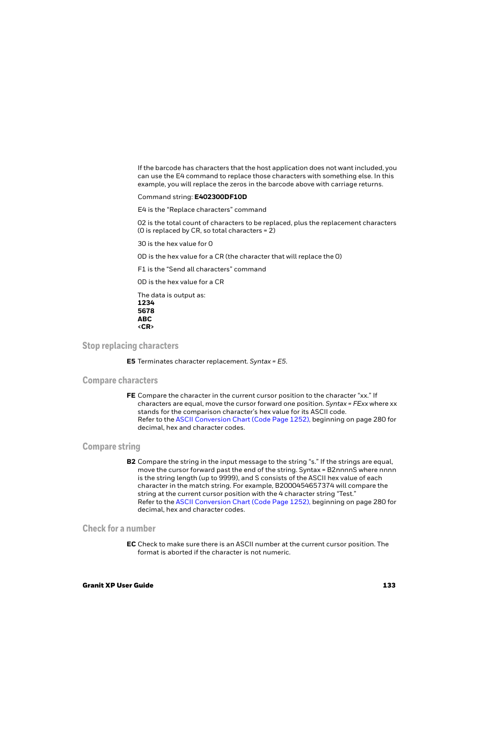 Stop replacing characters, Compare characters, Compare string | Check for a number | Honeywell Granit 1991iSR Ultra-Rugged Standard-Range Barcode Scanner User Manual | Page 149 / 308