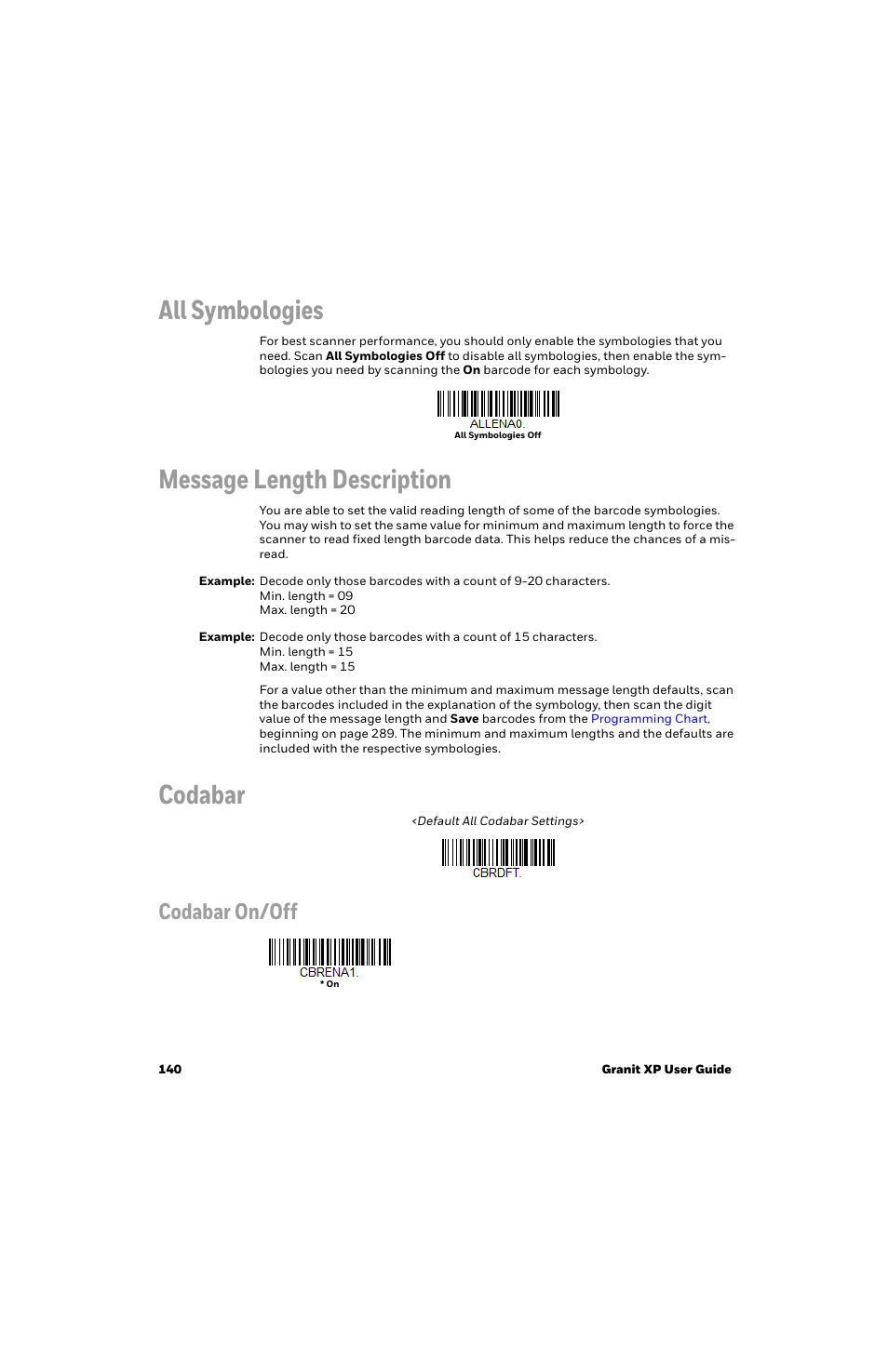 All symbologies, Message length description, Codabar | Codabar on/off | Honeywell Granit 1991iSR Ultra-Rugged Standard-Range Barcode Scanner User Manual | Page 156 / 308