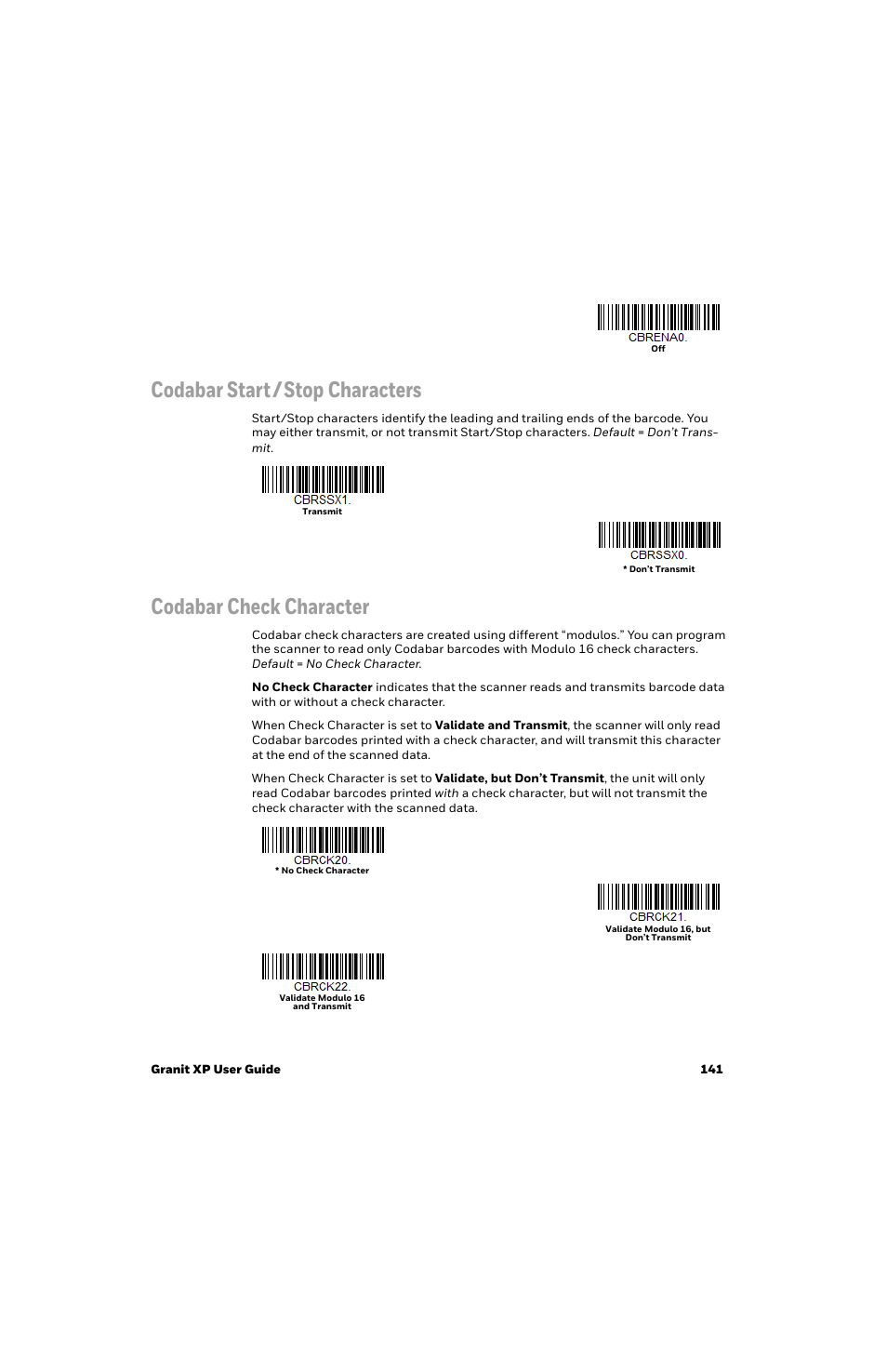 Codabar start/stop characters, Codabar check character | Honeywell Granit 1991iSR Ultra-Rugged Standard-Range Barcode Scanner User Manual | Page 157 / 308