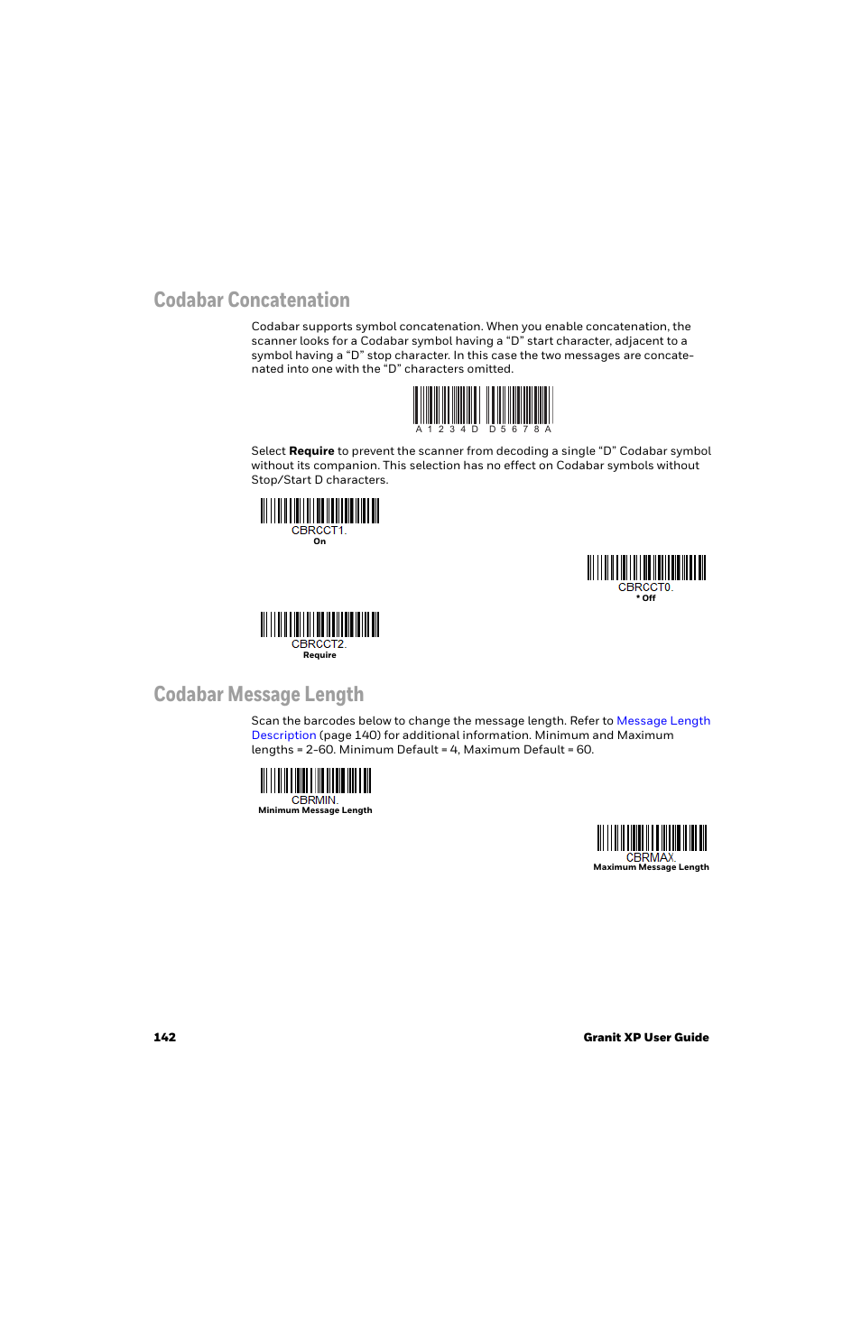 Codabar concatenation, Codabar message length | Honeywell Granit 1991iSR Ultra-Rugged Standard-Range Barcode Scanner User Manual | Page 158 / 308