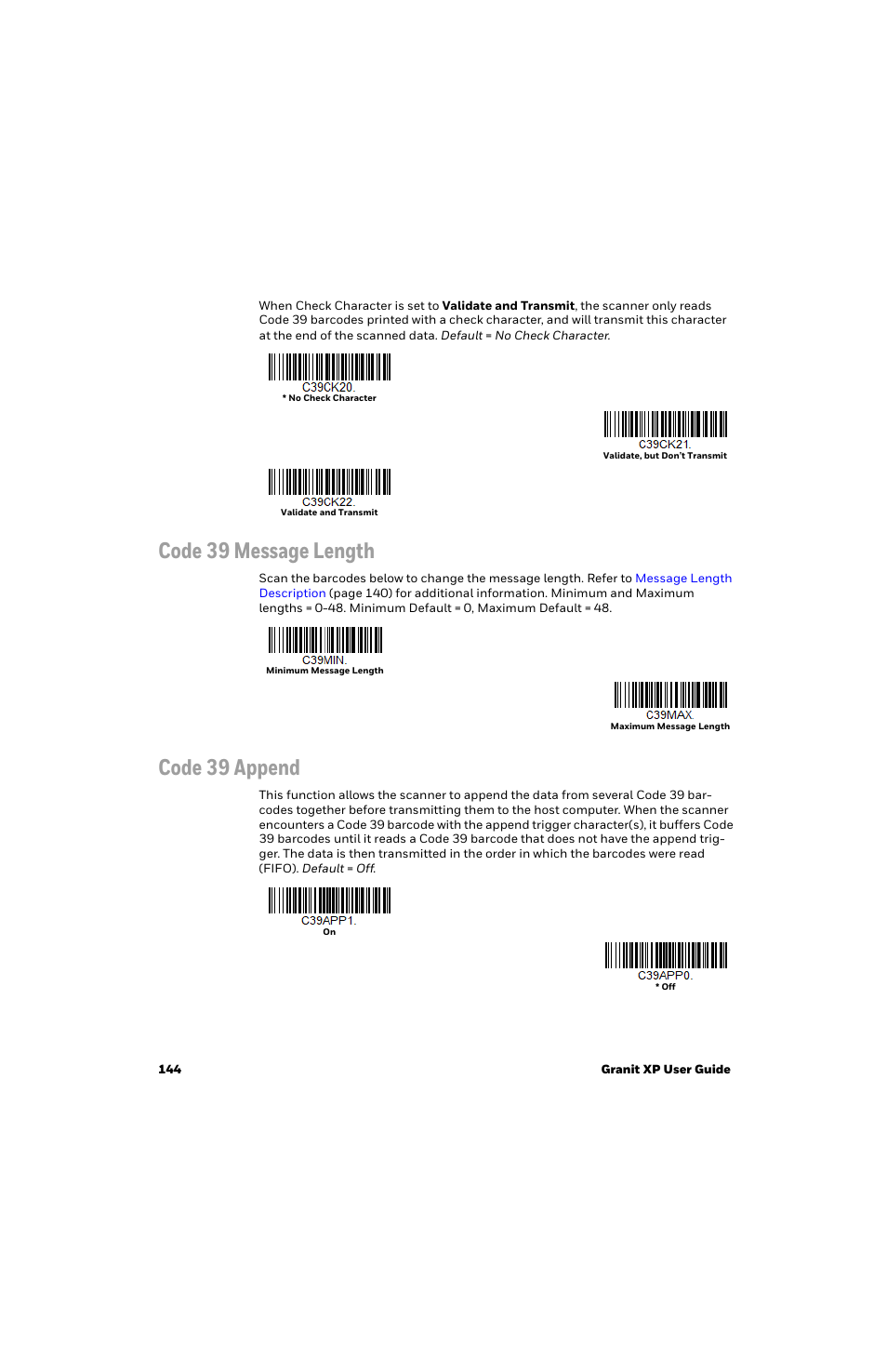 Code 39 message length, Code 39 append | Honeywell Granit 1991iSR Ultra-Rugged Standard-Range Barcode Scanner User Manual | Page 160 / 308