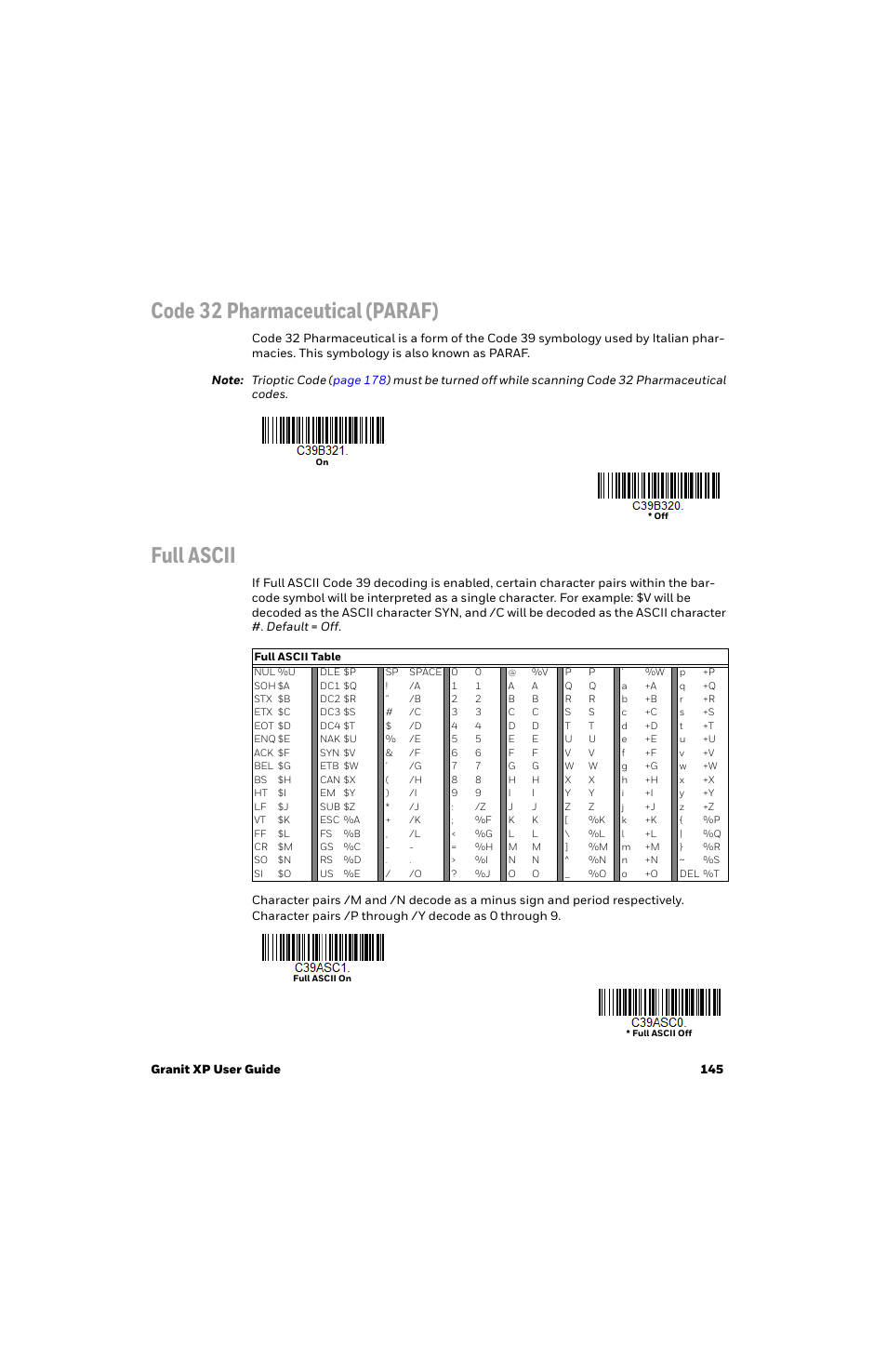 Code 32 pharmaceutical (paraf), Full ascii | Honeywell Granit 1991iSR Ultra-Rugged Standard-Range Barcode Scanner User Manual | Page 161 / 308