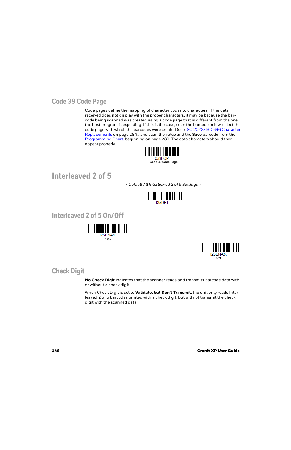 Interleaved 2 of 5, Code 39 code page, Interleaved 2 of 5 on/off check digit | Honeywell Granit 1991iSR Ultra-Rugged Standard-Range Barcode Scanner User Manual | Page 162 / 308