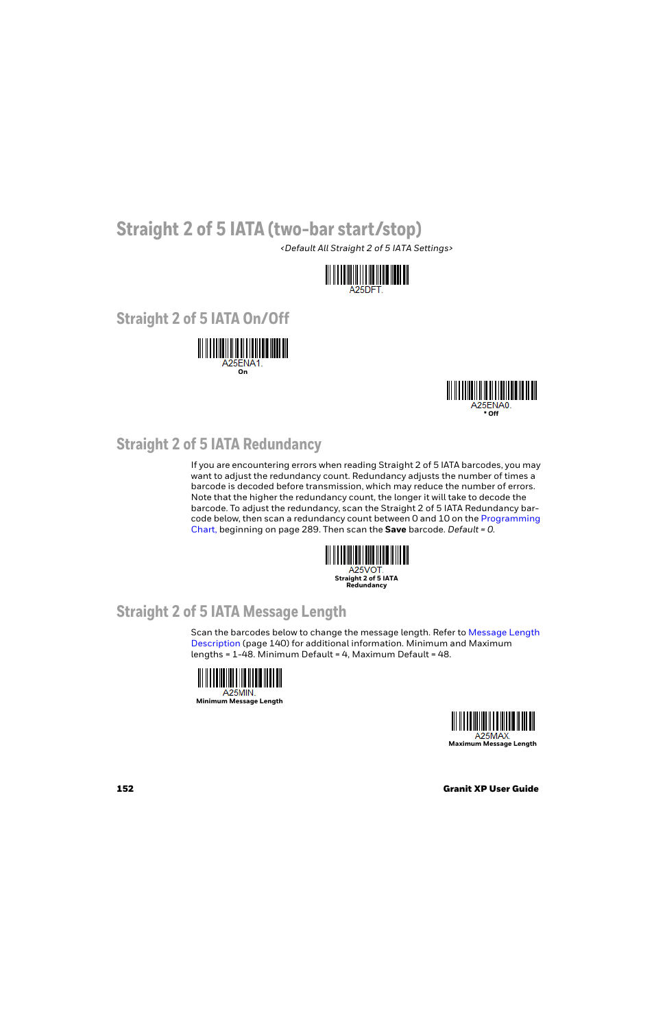 Straight 2 of 5 iata (two-bar start/stop), Straight 2 of 5 iata (two-bar start/ stop), Straight 2 of 5 iata message length | Honeywell Granit 1991iSR Ultra-Rugged Standard-Range Barcode Scanner User Manual | Page 168 / 308