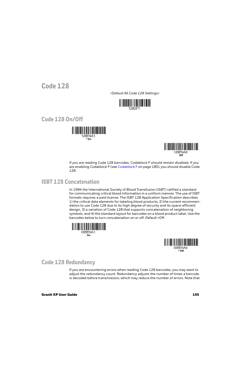 Code 128, Isbt 128 concatenation, Code 128 on/off | Code 128 redundancy | Honeywell Granit 1991iSR Ultra-Rugged Standard-Range Barcode Scanner User Manual | Page 171 / 308