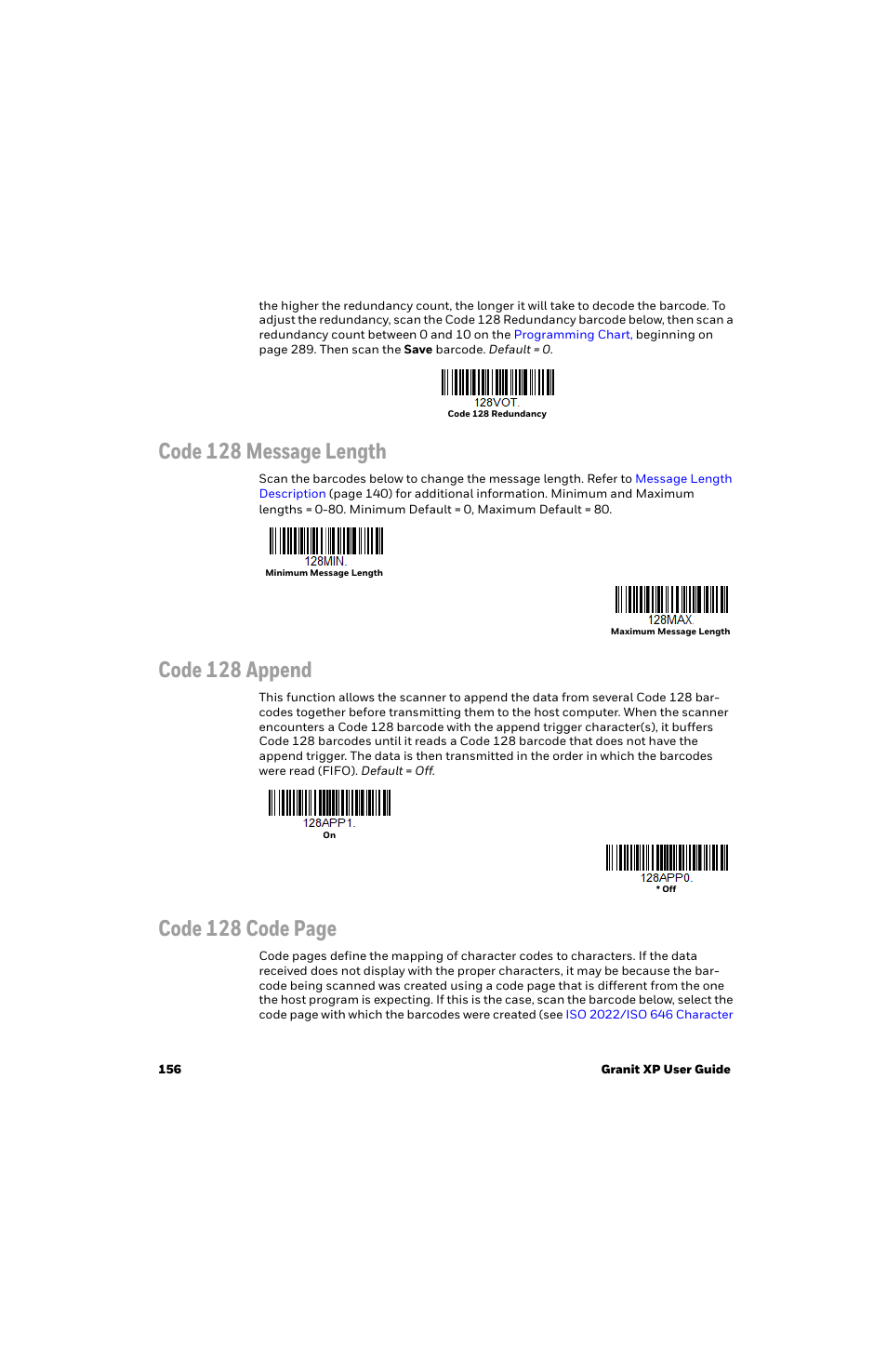 Code 128 message length, Code 128 append, Code 128 code page | Honeywell Granit 1991iSR Ultra-Rugged Standard-Range Barcode Scanner User Manual | Page 172 / 308