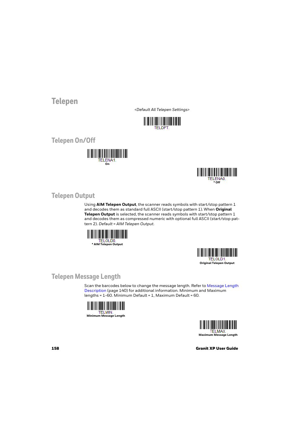 Telepen, Telepen on/off telepen output, Telepen message length | Honeywell Granit 1991iSR Ultra-Rugged Standard-Range Barcode Scanner User Manual | Page 174 / 308