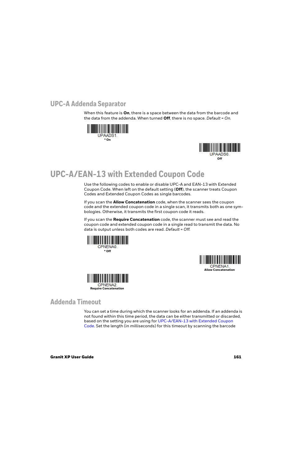 Upc-a/ean-13 with extended coupon code, Upc-a addenda separator, Addenda timeout | Honeywell Granit 1991iSR Ultra-Rugged Standard-Range Barcode Scanner User Manual | Page 177 / 308