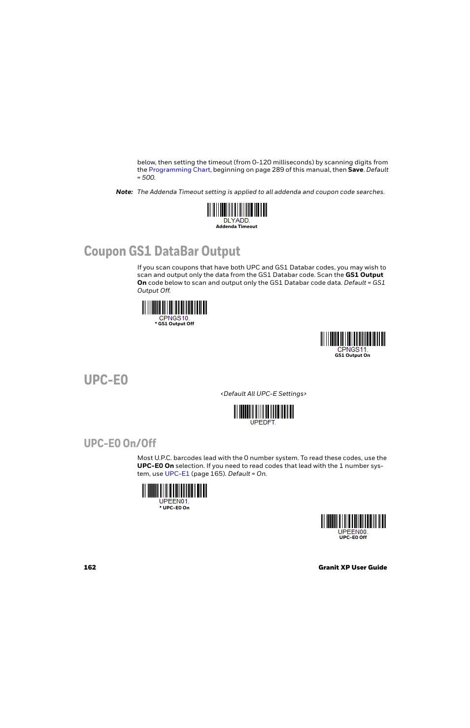 Coupon gs1 databar output, Upc-e0, Upc-e0 on/off | Honeywell Granit 1991iSR Ultra-Rugged Standard-Range Barcode Scanner User Manual | Page 178 / 308