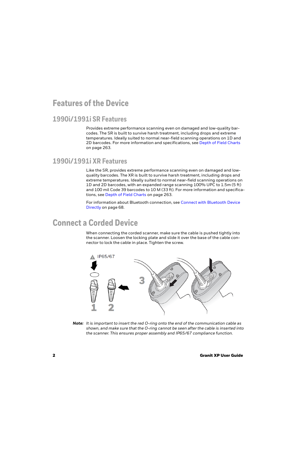 Features of the device, 1990i/1991i sr features, 1990i/1991i xr features | Connect a corded device | Honeywell Granit 1991iSR Ultra-Rugged Standard-Range Barcode Scanner User Manual | Page 18 / 308
