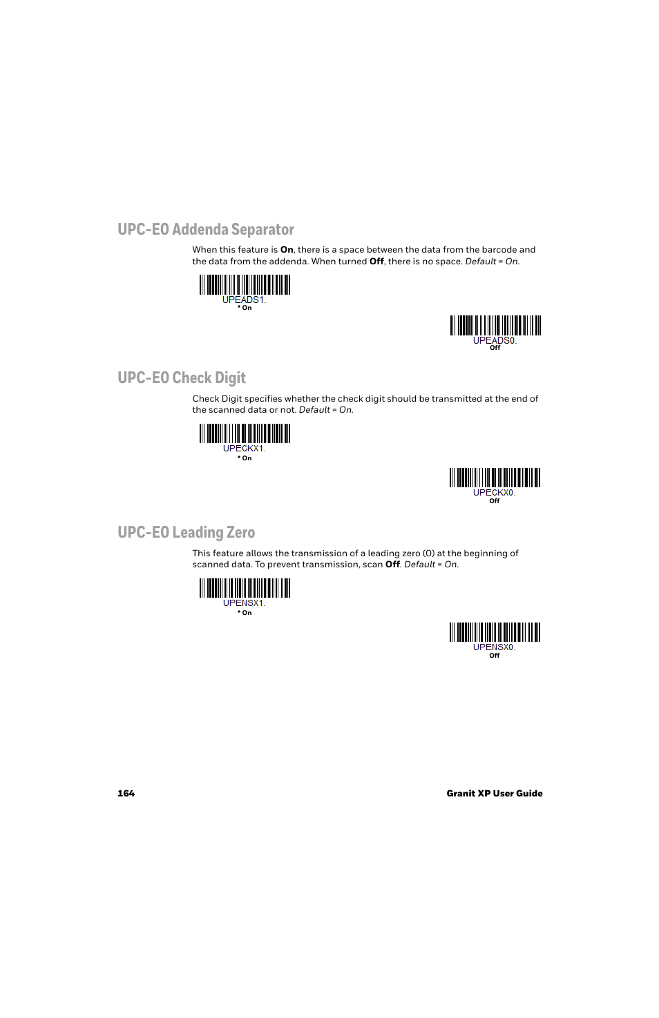 Upc-e0 addenda separator, Upc-e0 check digit, Upc-e0 leading zero | Honeywell Granit 1991iSR Ultra-Rugged Standard-Range Barcode Scanner User Manual | Page 180 / 308