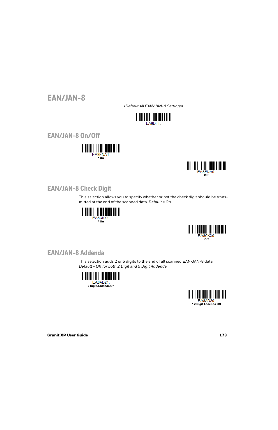 Ean/jan-8, Ean/jan-8 on/off ean/jan-8 check digit, Ean/jan-8 addenda | Honeywell Granit 1991iSR Ultra-Rugged Standard-Range Barcode Scanner User Manual | Page 189 / 308
