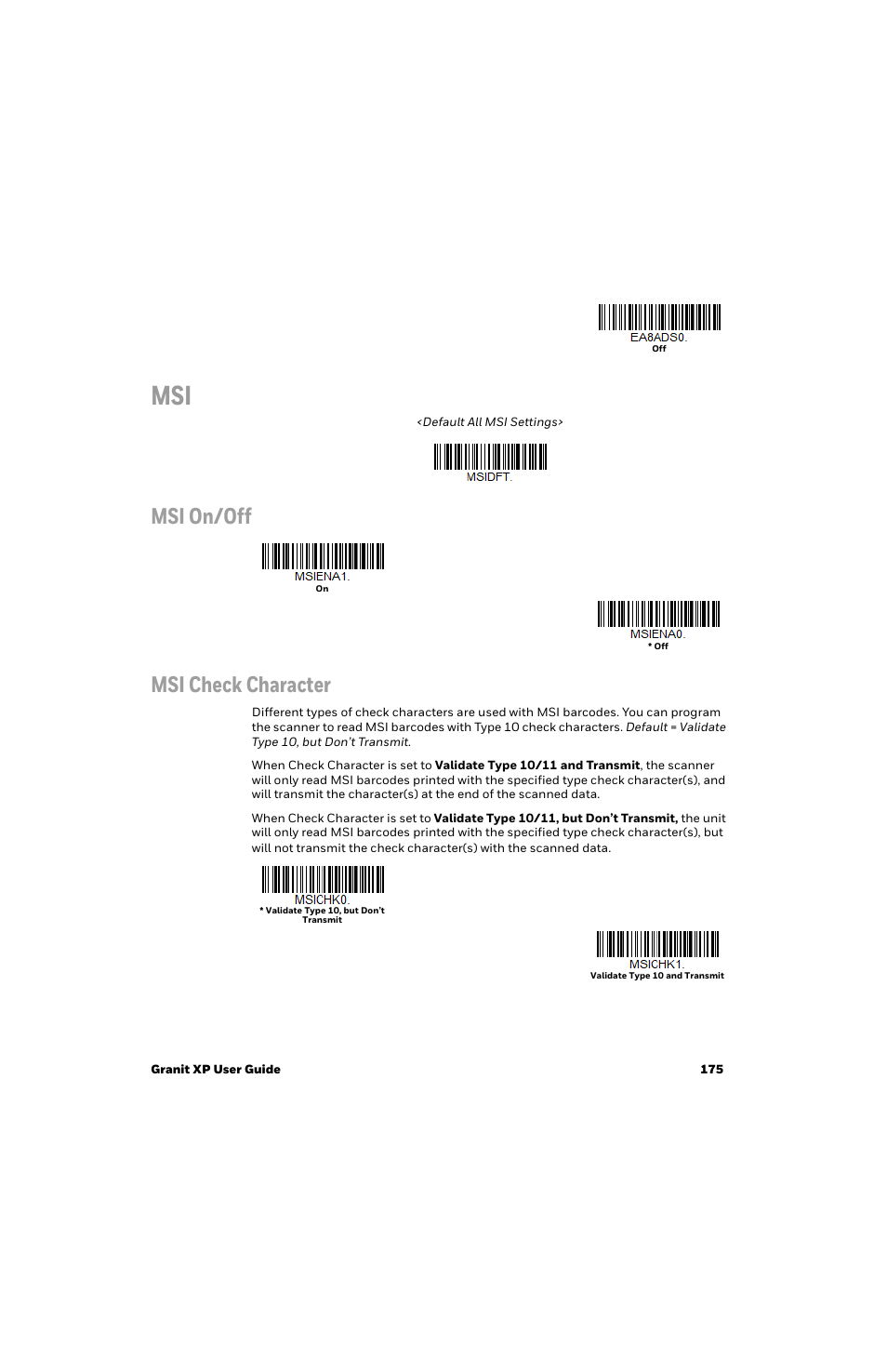 Msi on/off msi check character | Honeywell Granit 1991iSR Ultra-Rugged Standard-Range Barcode Scanner User Manual | Page 191 / 308