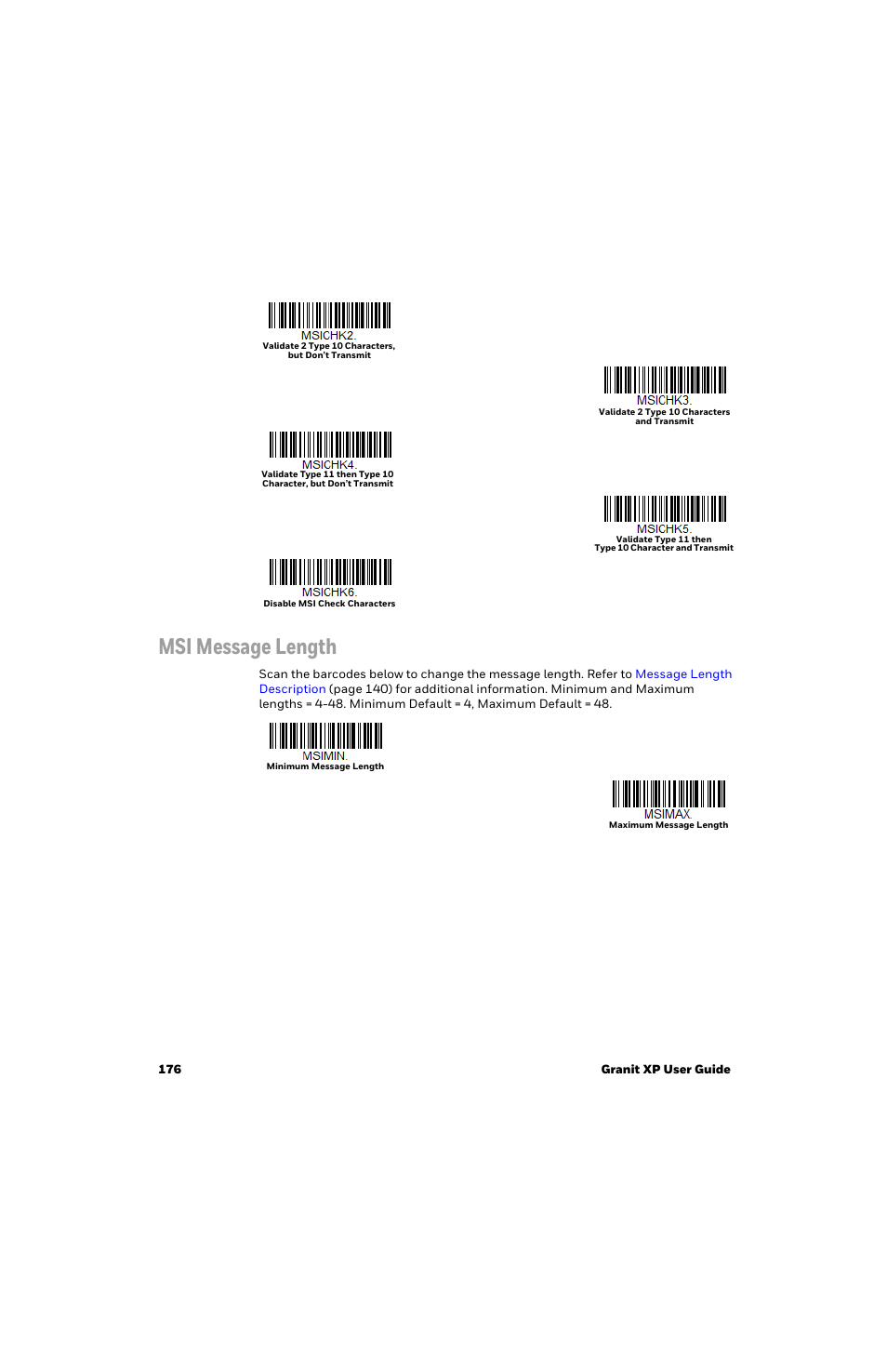 Msi message length | Honeywell Granit 1991iSR Ultra-Rugged Standard-Range Barcode Scanner User Manual | Page 192 / 308