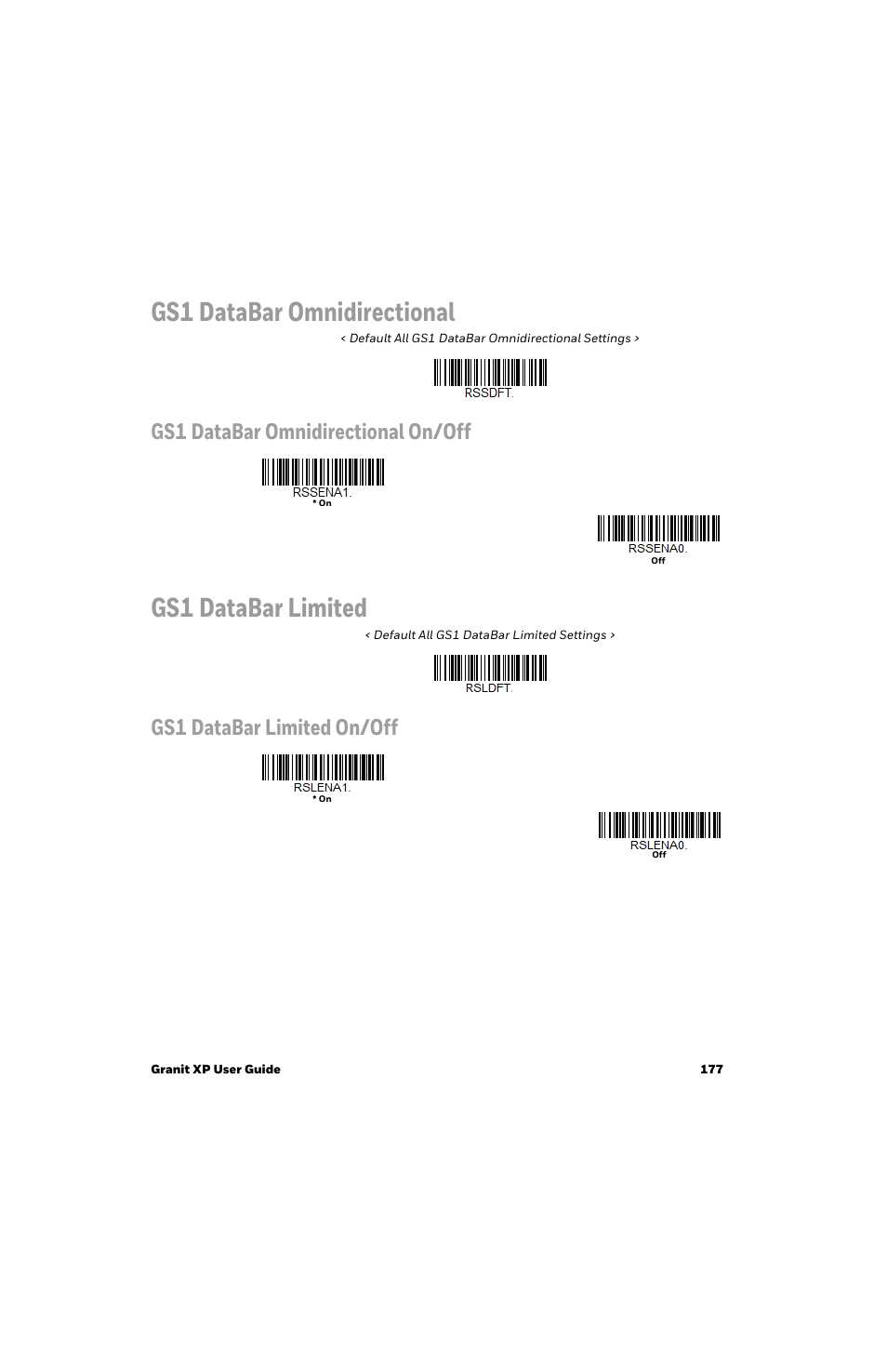 Gs1 databar omnidirectional, Gs1 databar limited, Gs1 databar omnidirectional on/off | Gs1 databar limited on/off | Honeywell Granit 1991iSR Ultra-Rugged Standard-Range Barcode Scanner User Manual | Page 193 / 308