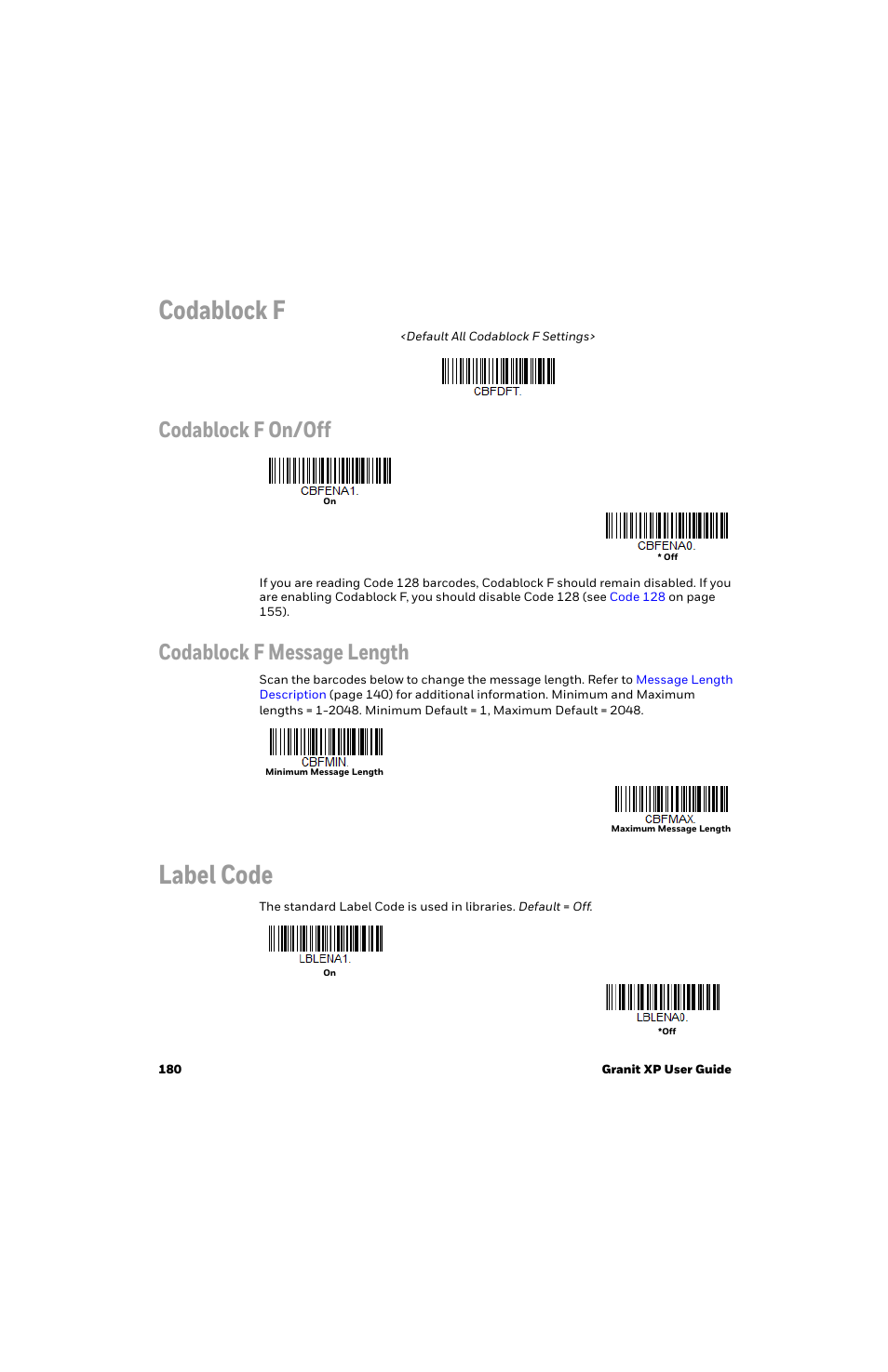 Codablock f, Label code, Codablock f on/off | Codablock f message length | Honeywell Granit 1991iSR Ultra-Rugged Standard-Range Barcode Scanner User Manual | Page 196 / 308