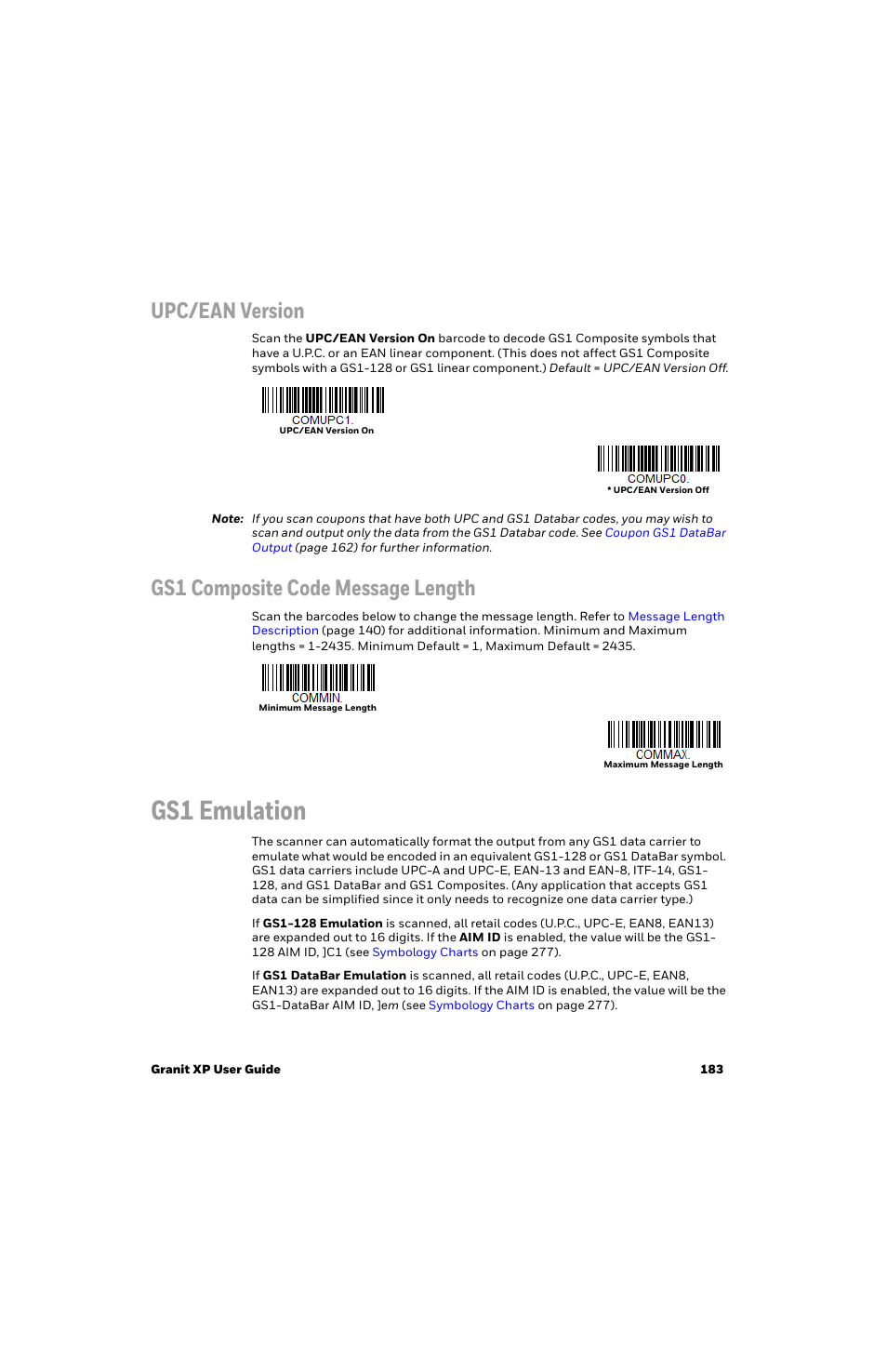 Gs1 emulation, Upc/ean version, Gs1 composite code message length | Honeywell Granit 1991iSR Ultra-Rugged Standard-Range Barcode Scanner User Manual | Page 199 / 308