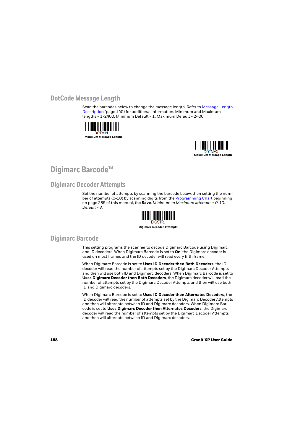 Digimarc barcode, Dotcode message length, Digimarc decoder attempts | Honeywell Granit 1991iSR Ultra-Rugged Standard-Range Barcode Scanner User Manual | Page 204 / 308