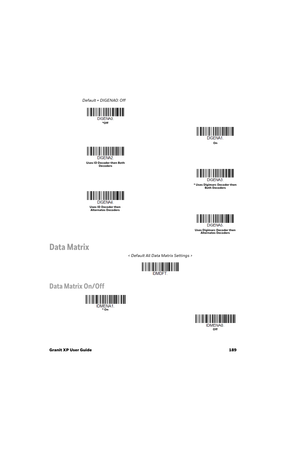 Data matrix, Data matrix on/off | Honeywell Granit 1991iSR Ultra-Rugged Standard-Range Barcode Scanner User Manual | Page 205 / 308