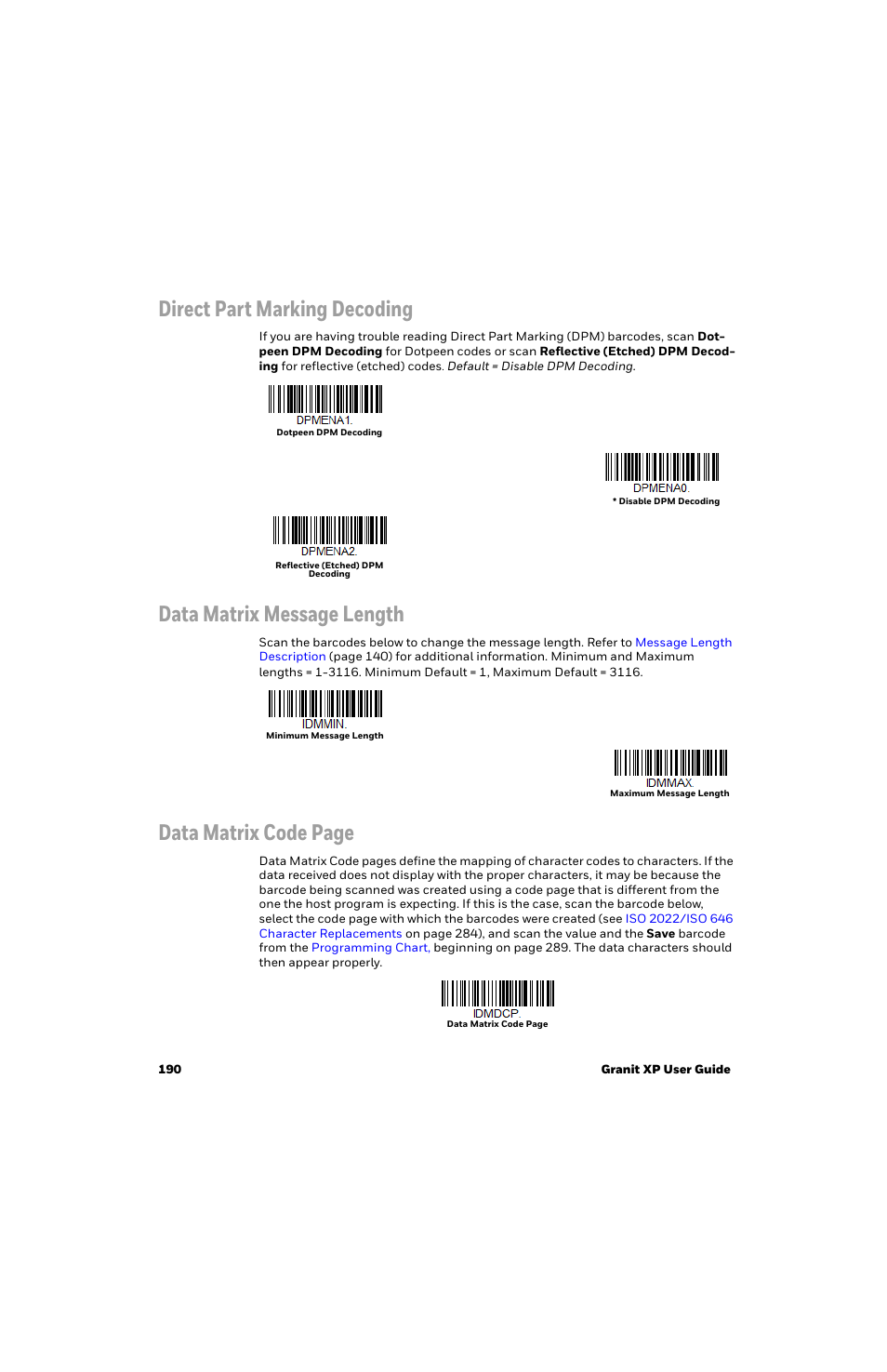 Direct part marking decoding, Data matrix message length, Data matrix code page | Honeywell Granit 1991iSR Ultra-Rugged Standard-Range Barcode Scanner User Manual | Page 206 / 308