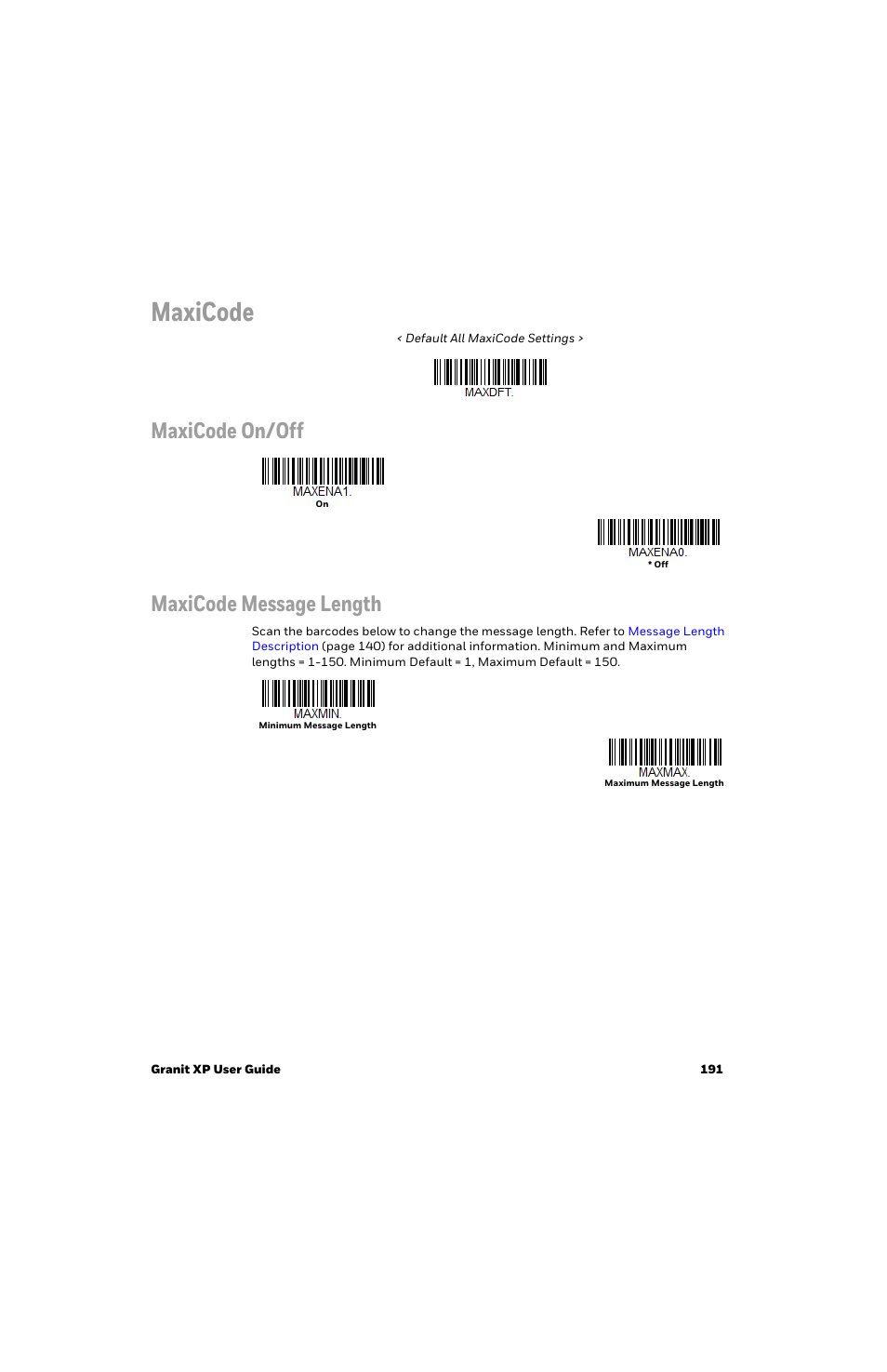 Maxicode, Maxicode on/off maxicode message length | Honeywell Granit 1991iSR Ultra-Rugged Standard-Range Barcode Scanner User Manual | Page 207 / 308