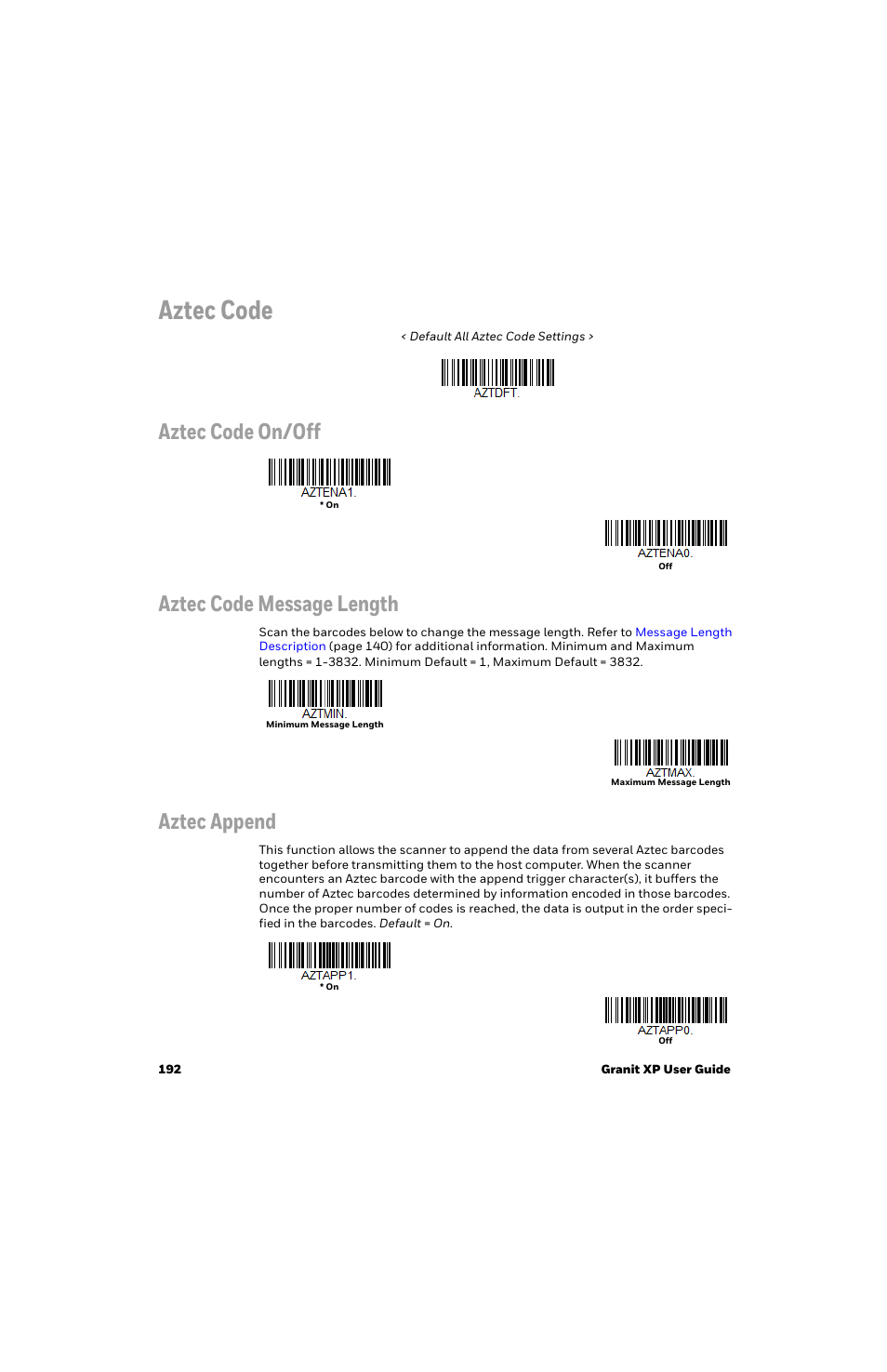 Aztec code, Aztec code on/off aztec code message length, Aztec append | Honeywell Granit 1991iSR Ultra-Rugged Standard-Range Barcode Scanner User Manual | Page 208 / 308