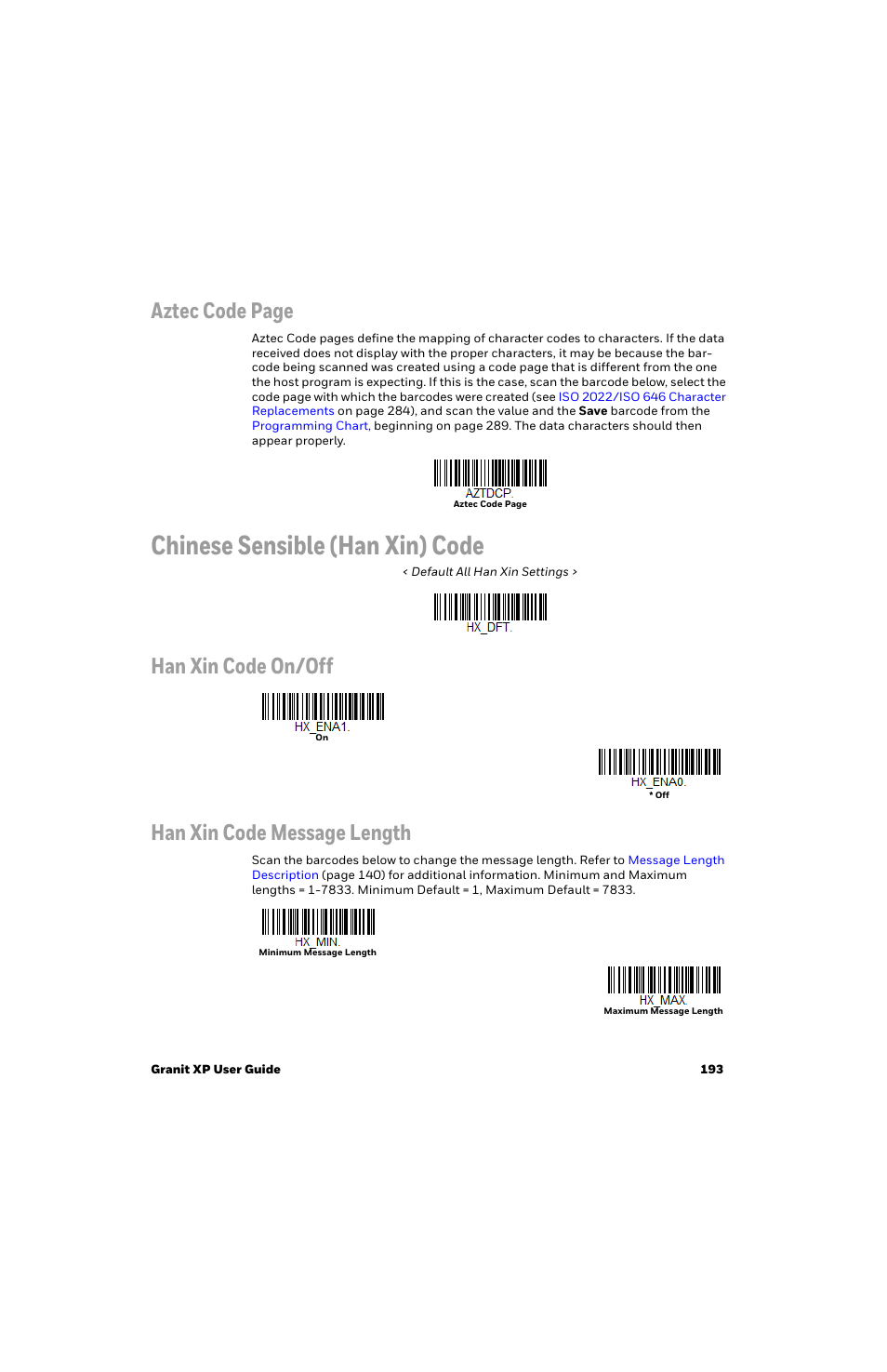 Chinese sensible (han xin) code, Aztec code page, Han xin code on/off han xin code message length | Honeywell Granit 1991iSR Ultra-Rugged Standard-Range Barcode Scanner User Manual | Page 209 / 308