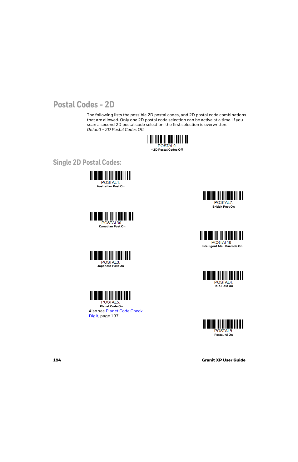 Postal codes - 2d, Single 2d postal codes | Honeywell Granit 1991iSR Ultra-Rugged Standard-Range Barcode Scanner User Manual | Page 210 / 308