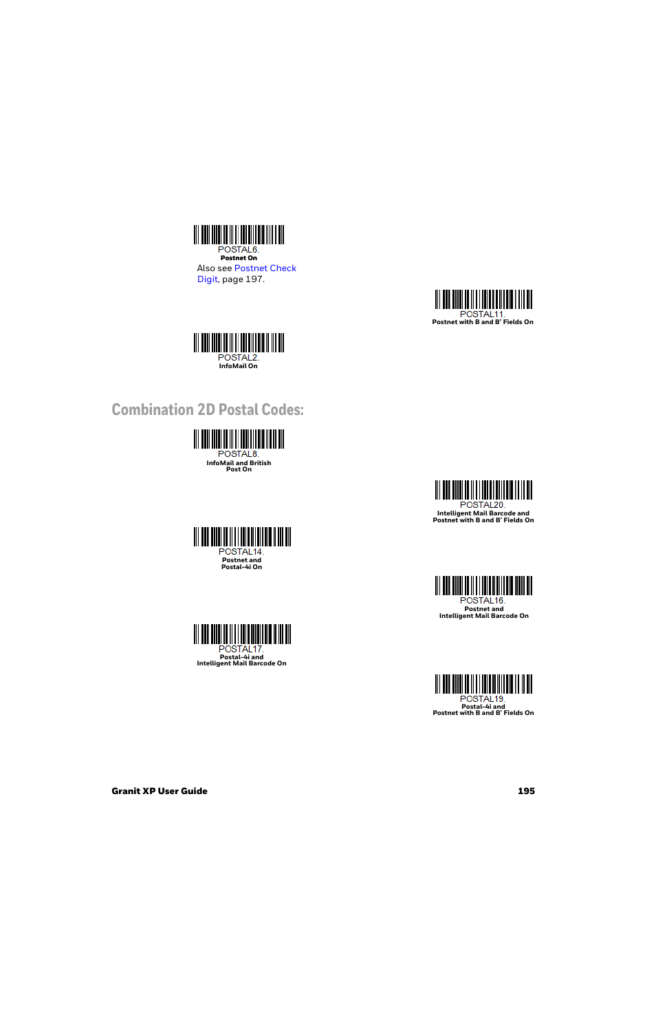 Combination 2d postal codes | Honeywell Granit 1991iSR Ultra-Rugged Standard-Range Barcode Scanner User Manual | Page 211 / 308