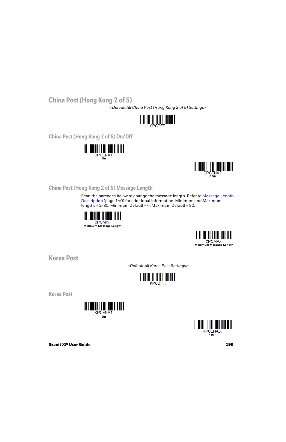China post (hong kong 2 of 5), China post (hong kong 2 of 5) on/off, China post (hong kong 2 of 5) message length | Korea post | Honeywell Granit 1991iSR Ultra-Rugged Standard-Range Barcode Scanner User Manual | Page 215 / 308
