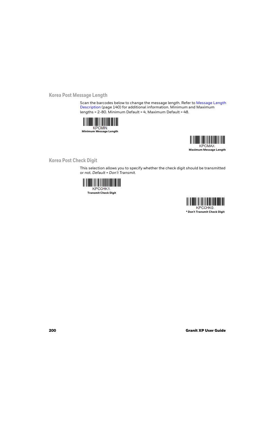 Korea post message length, Korea post check digit | Honeywell Granit 1991iSR Ultra-Rugged Standard-Range Barcode Scanner User Manual | Page 216 / 308