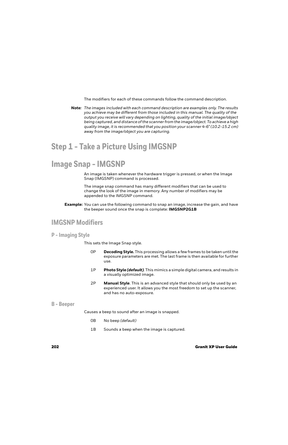 Image snap - imgsnp, Imgsnp modifiers, P - imaging style | B - beeper | Honeywell Granit 1991iSR Ultra-Rugged Standard-Range Barcode Scanner User Manual | Page 218 / 308