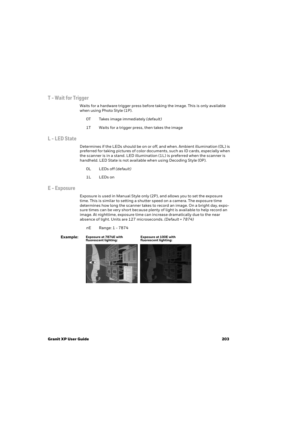 T - wait for trigger, L - led state, E - exposure | Honeywell Granit 1991iSR Ultra-Rugged Standard-Range Barcode Scanner User Manual | Page 219 / 308