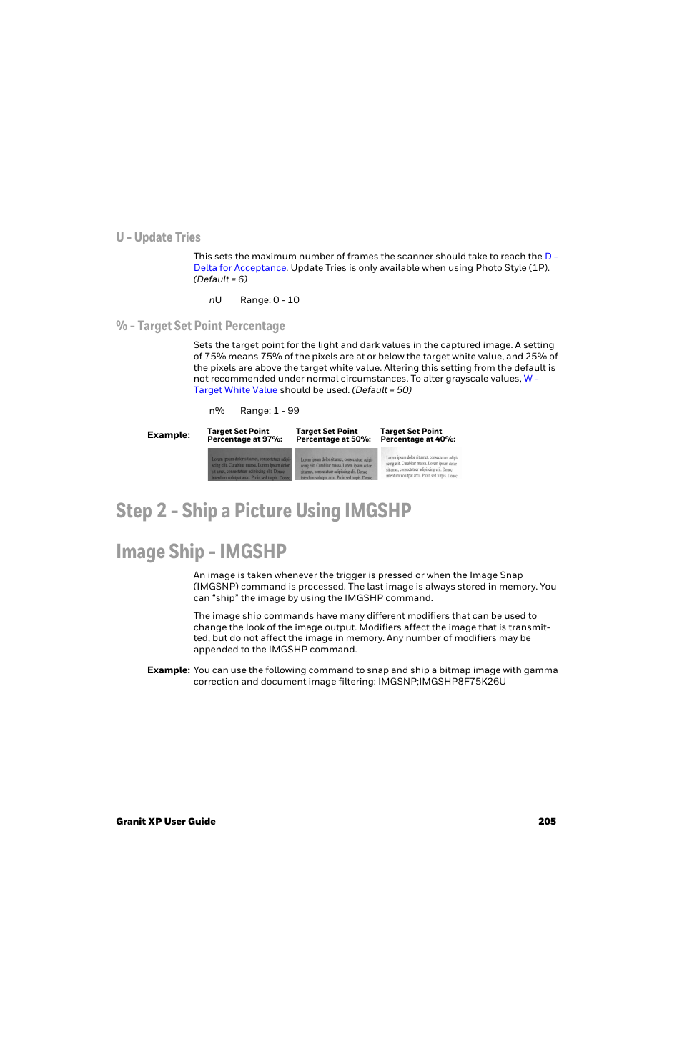 U - update tries, Target set point percentage, Image ship - imgshp | Honeywell Granit 1991iSR Ultra-Rugged Standard-Range Barcode Scanner User Manual | Page 221 / 308