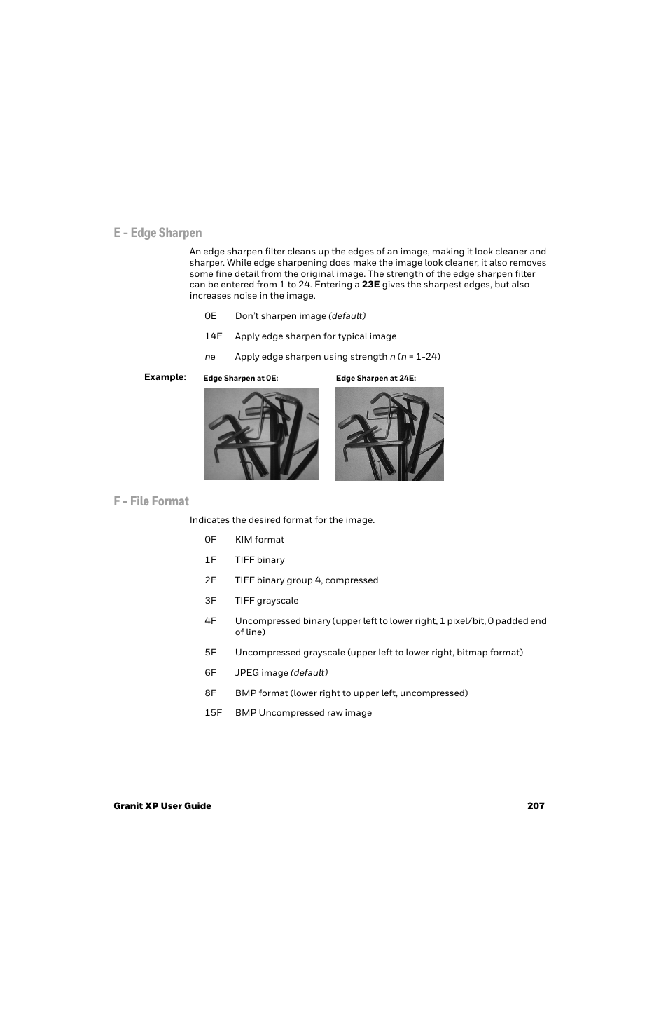E - edge sharpen, F - file format | Honeywell Granit 1991iSR Ultra-Rugged Standard-Range Barcode Scanner User Manual | Page 223 / 308