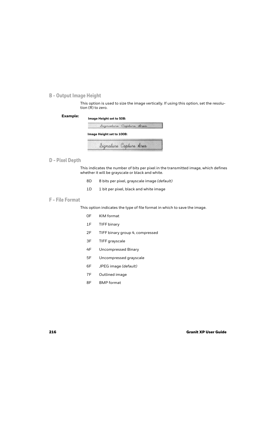 B - output image height, D - pixel depth, F - file format | Honeywell Granit 1991iSR Ultra-Rugged Standard-Range Barcode Scanner User Manual | Page 232 / 308