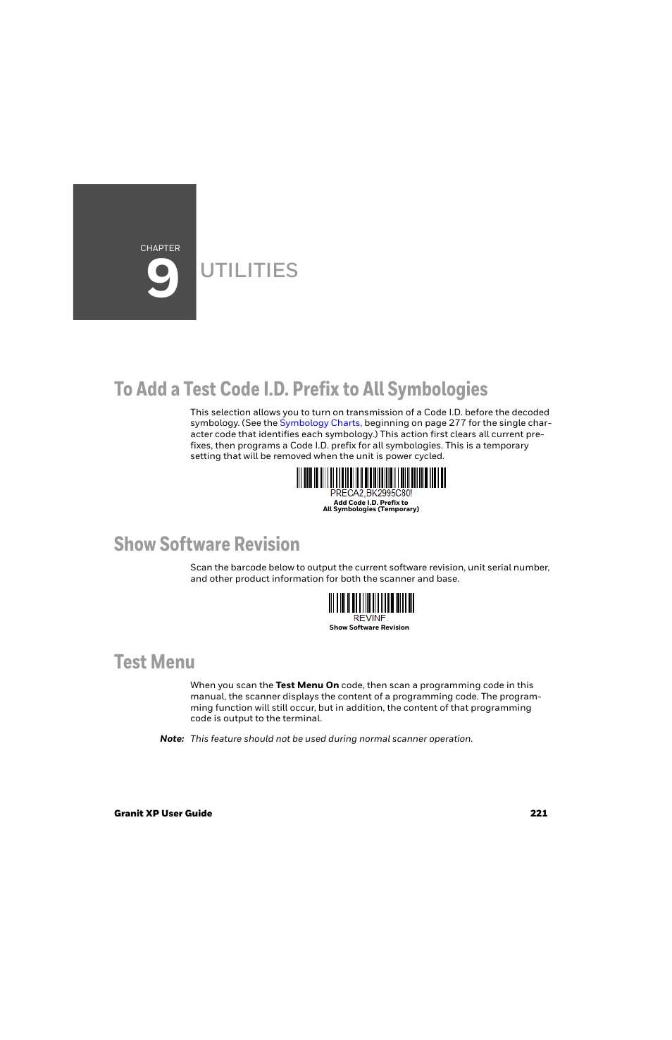 Utilities, To add a test code i.d. prefix to all symbologies, Show software revision | Test menu, Chapter 9 - utilities | Honeywell Granit 1991iSR Ultra-Rugged Standard-Range Barcode Scanner User Manual | Page 237 / 308