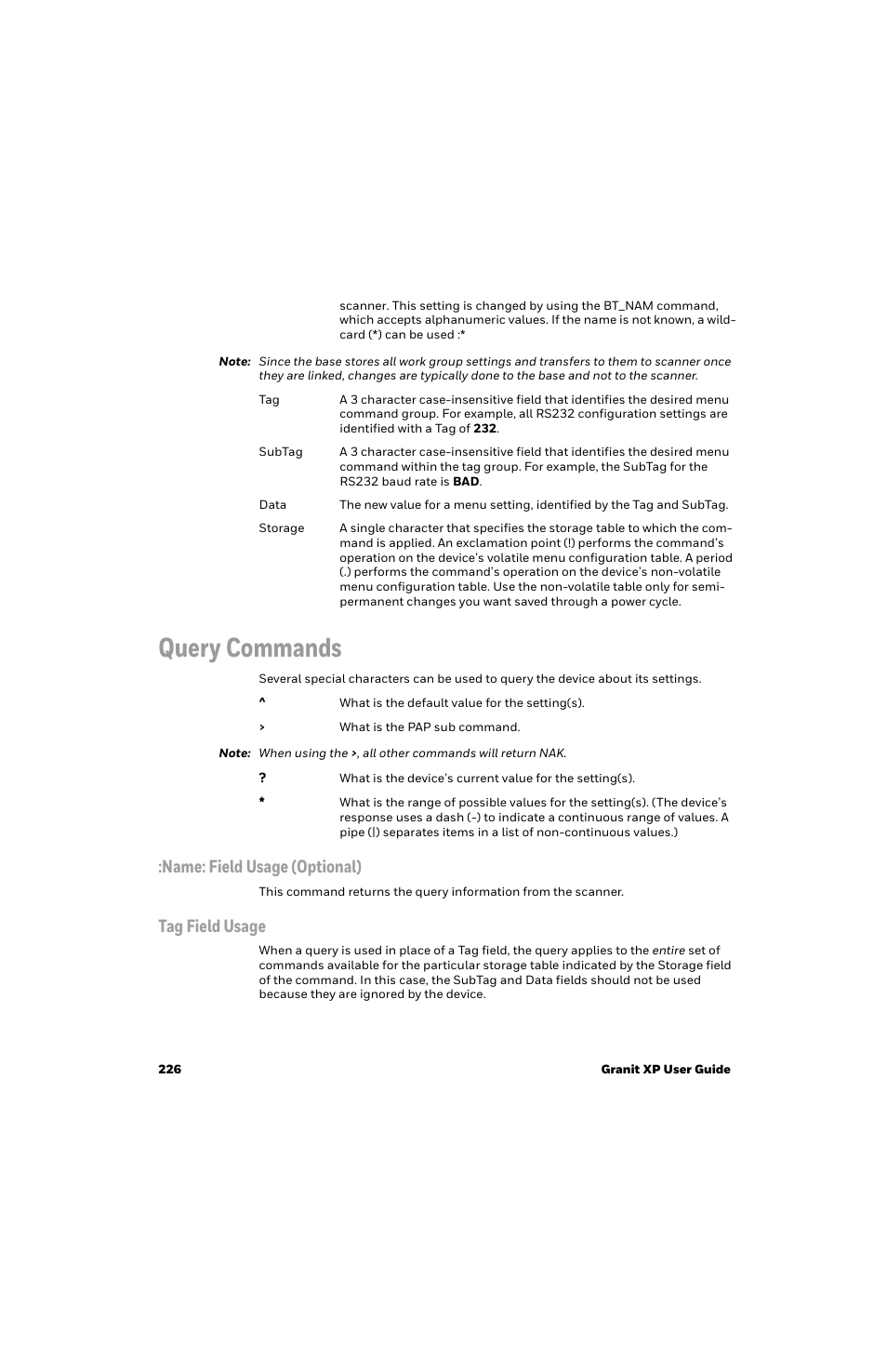 Query commands, Name: field usage (optional), Tag field usage | Honeywell Granit 1991iSR Ultra-Rugged Standard-Range Barcode Scanner User Manual | Page 242 / 308