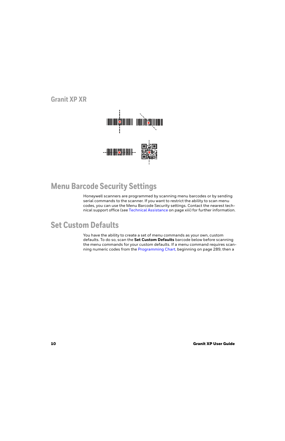 Granit xp xr, Menu barcode security settings, Set custom defaults | Honeywell Granit 1991iSR Ultra-Rugged Standard-Range Barcode Scanner User Manual | Page 26 / 308