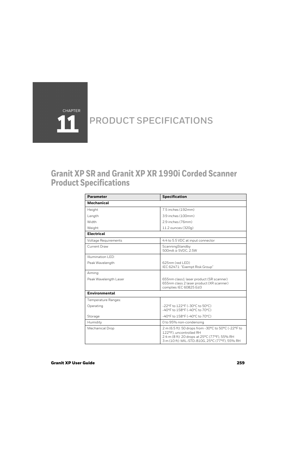Product specifications, Chapter 11 - product specifications | Honeywell Granit 1991iSR Ultra-Rugged Standard-Range Barcode Scanner User Manual | Page 275 / 308