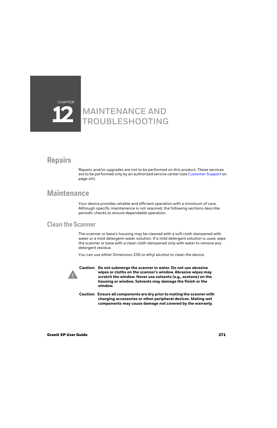 Maintenance and troubleshooting, Repairs, Maintenance | Clean the scanner, Chapter 12 - maintenance and troubleshooting, Maintenance and troubleshooting repairs | Honeywell Granit 1991iSR Ultra-Rugged Standard-Range Barcode Scanner User Manual | Page 287 / 308