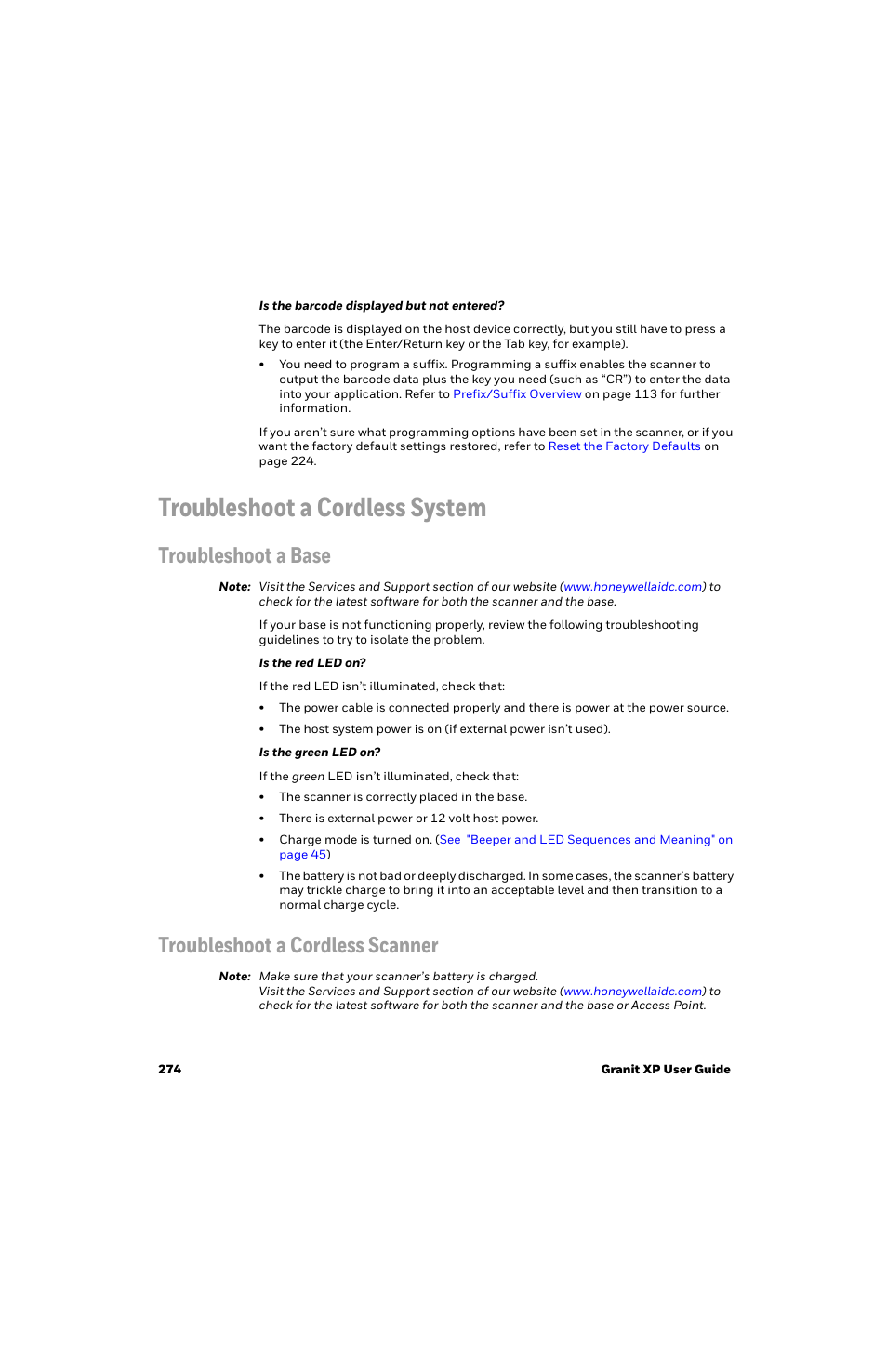 Troubleshoot a cordless system, Troubleshoot a base, Troubleshoot a cordless scanner | Honeywell Granit 1991iSR Ultra-Rugged Standard-Range Barcode Scanner User Manual | Page 290 / 308