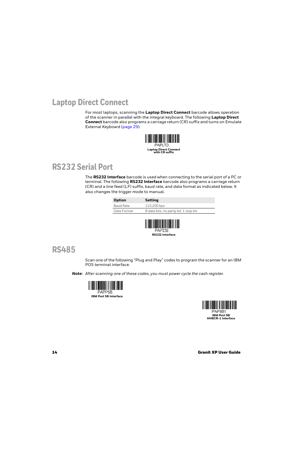 Laptop direct connect, Rs232 serial port, Rs485 | Honeywell Granit 1991iSR Ultra-Rugged Standard-Range Barcode Scanner User Manual | Page 30 / 308