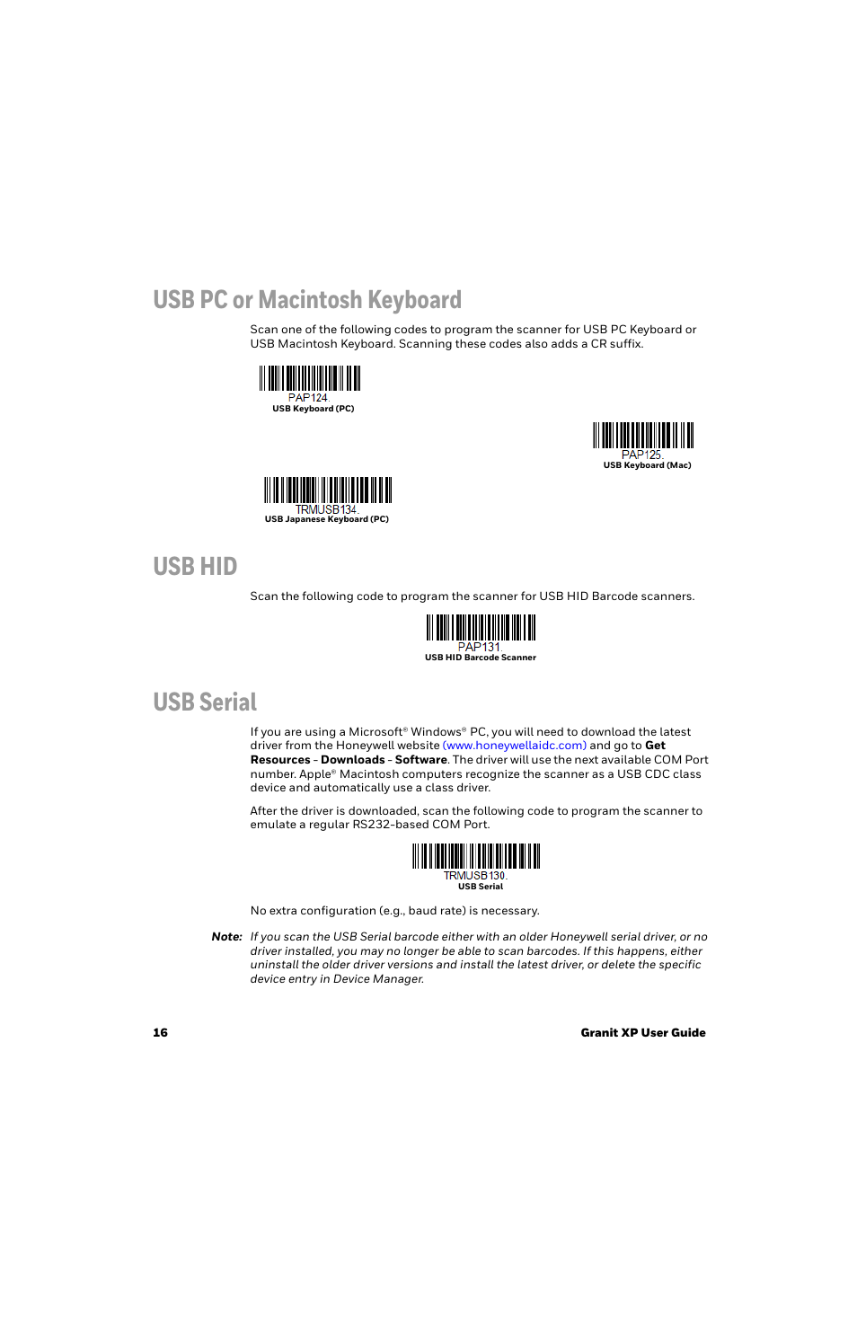 Usb pc or macintosh keyboard, Usb hid, Usb serial | Honeywell Granit 1991iSR Ultra-Rugged Standard-Range Barcode Scanner User Manual | Page 32 / 308