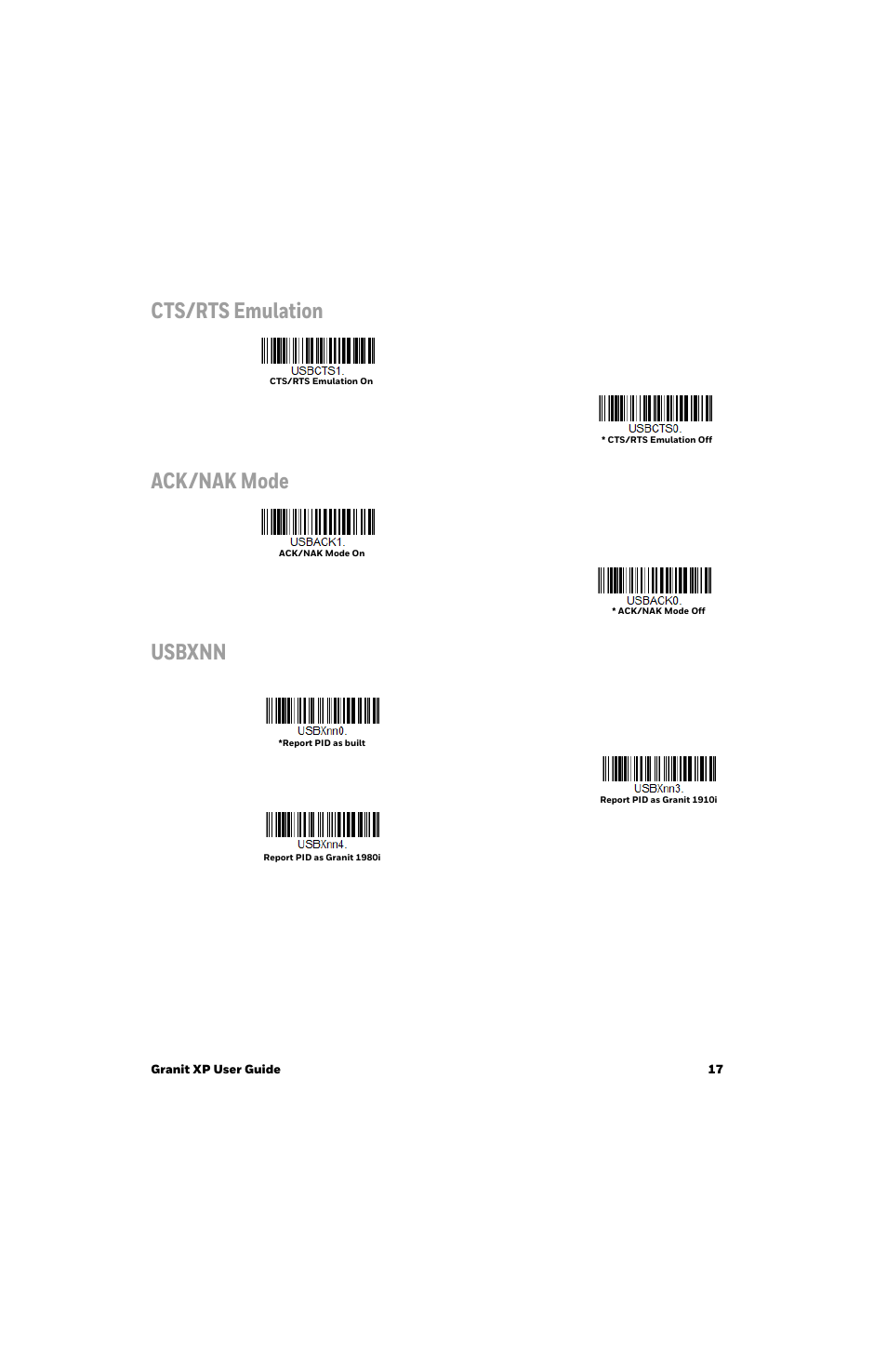 Cts/rts emulation, Ack/nak mode, Usbxnn | Cts/rts emulation ack/nak mode usbxnn | Honeywell Granit 1991iSR Ultra-Rugged Standard-Range Barcode Scanner User Manual | Page 33 / 308