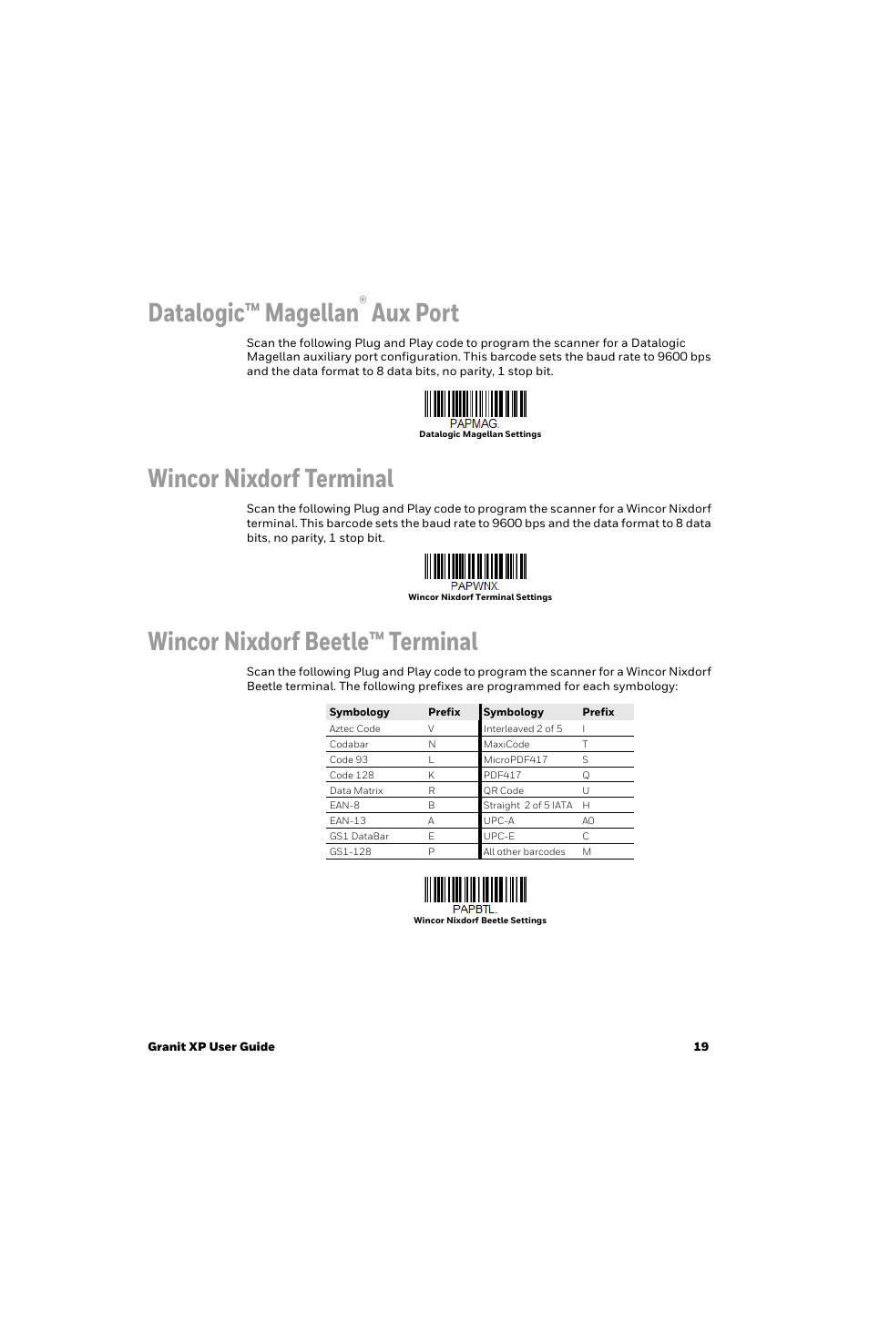 Datalogic™ magellan® aux port, Wincor nixdorf terminal, Wincor nixdorf beetle™ terminal | Datalogic™ magellan, Aux port | Honeywell Granit 1991iSR Ultra-Rugged Standard-Range Barcode Scanner User Manual | Page 35 / 308
