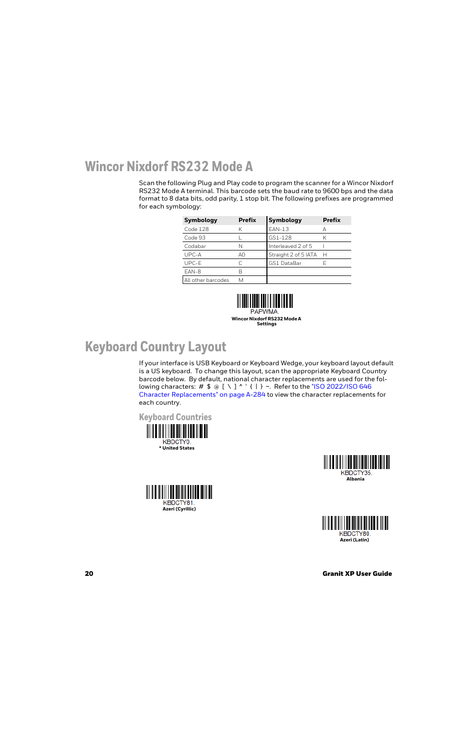 Wincor nixdorf rs232 mode a, Keyboard country layout, Keyboard countries | Honeywell Granit 1991iSR Ultra-Rugged Standard-Range Barcode Scanner User Manual | Page 36 / 308